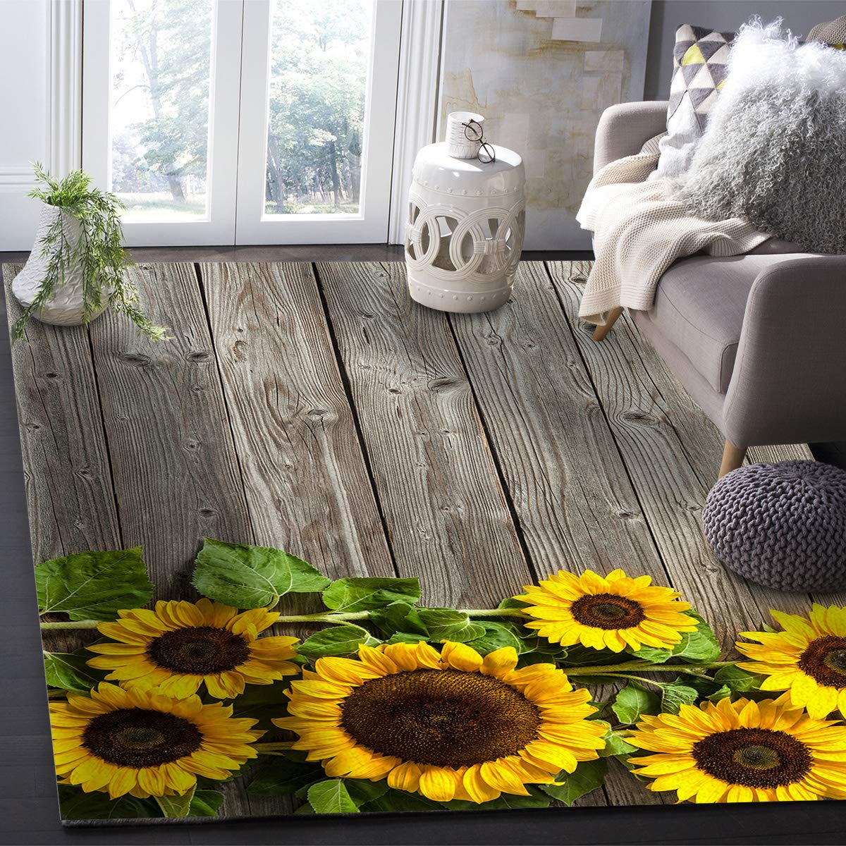 Super Soft Sunflower Large Area Rug 4' x 6' - Non-Slip Backing Indoor Outdoor Rug for Bedroom, Nursery, Living Room - Sunflower Wood Pattern Home Decor Rug for Cozy Home & Garden