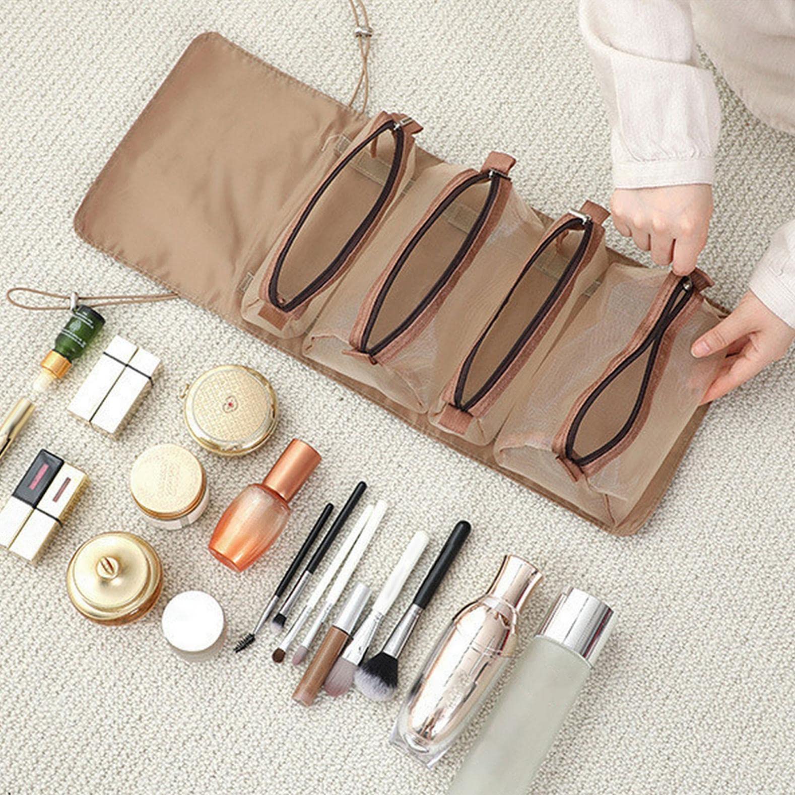 4 in 1 Foldable Makeup Bag with Removable Compartments - Waterproof Travel Cosmetic Organizer & Toiletry Kit for Women | Perfect for Vacation, Gym, Business Trips & Daily Use