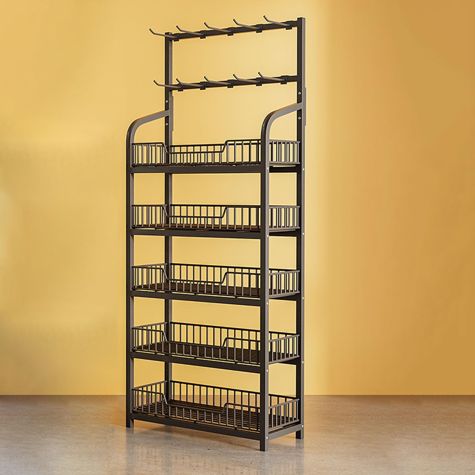 5-Tier Metal Freestanding Grocery Shelf - Black 60x27x166cm - Heavy Duty Snack, Drink & Candy Display Organizer with 10 Hooks - Perfect for Supermarkets, Convenience Stores, Gas Stations & Home Pantry Organization