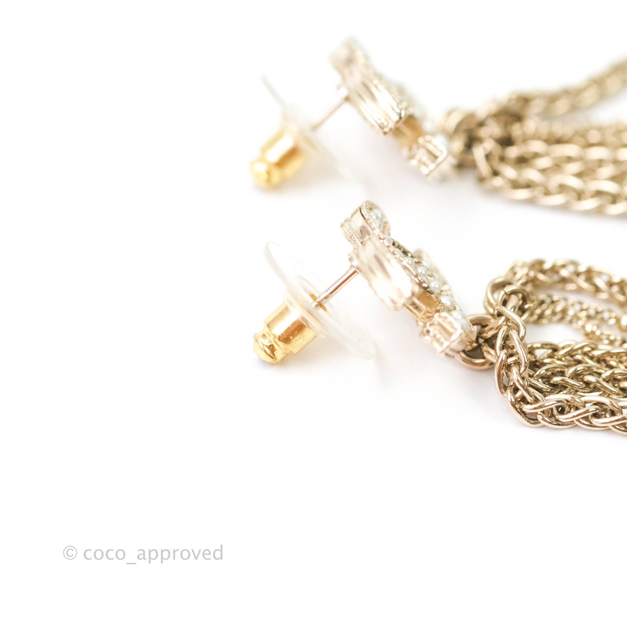 Chanel CC Pearl Chains Drop Earrings - Gold Tone 20V - Elegant Pearl Dangle Earrings for Women | Perfect for Parties, Weddings & Special Occasions