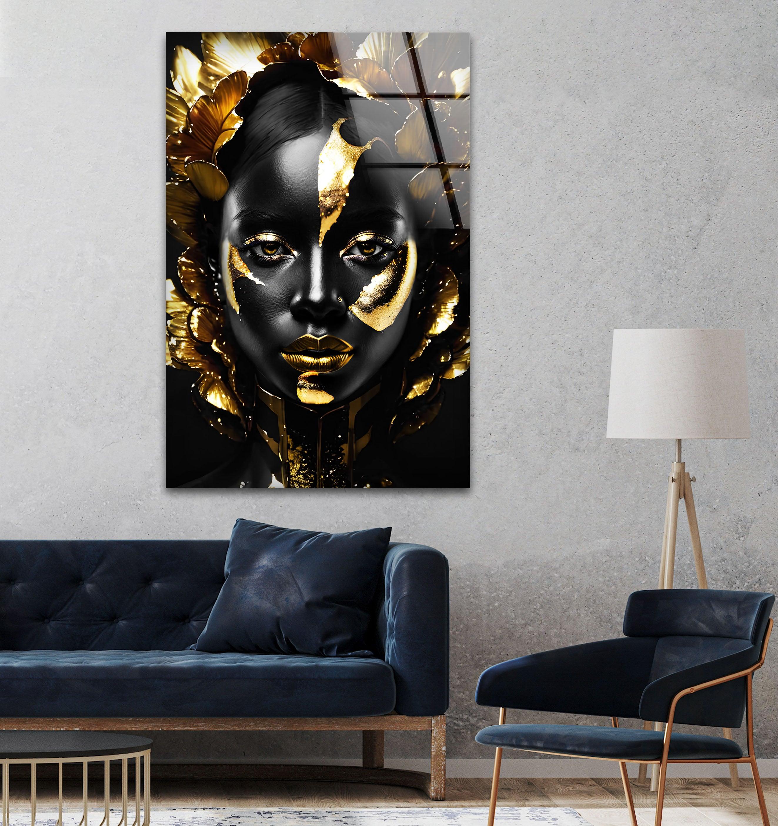 Elegant Black Woman Gold Face Glass Wall Art - Modern Home Decor for Living Room, Bedroom & Office