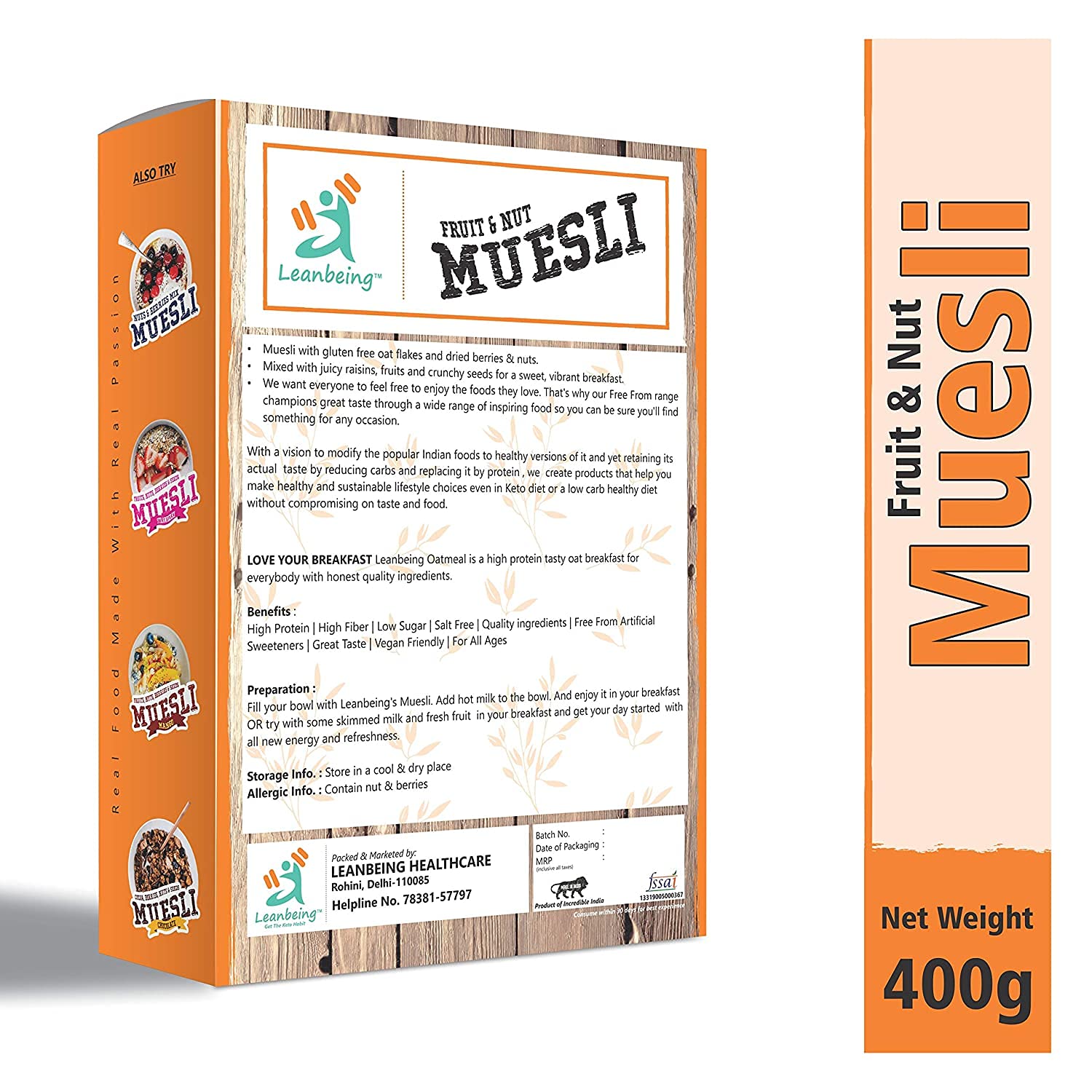 Leanbeing Muesli Fruit & Nut 400G | Gluten Free Breakfast Cereal | Natural & Naturally Sweetened | High Fiber Oatmeal | Vegan & Non-GMO | Perfect for Healthy Morning, Office Snack & Camping