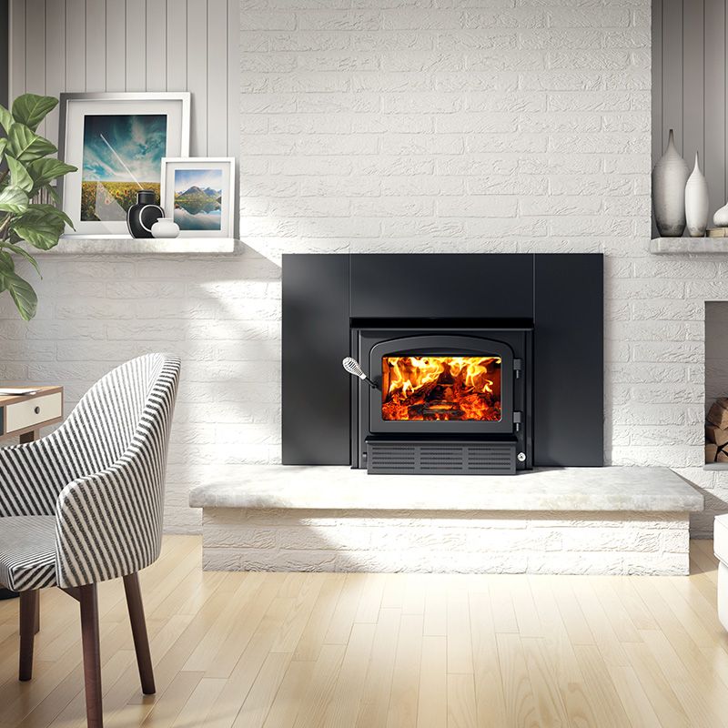 Drolet Escape 1500 I EPA Certified Wood Burning Insert with Faceplate DB03137 - Efficient Home Heating for Fireplaces & Living Rooms