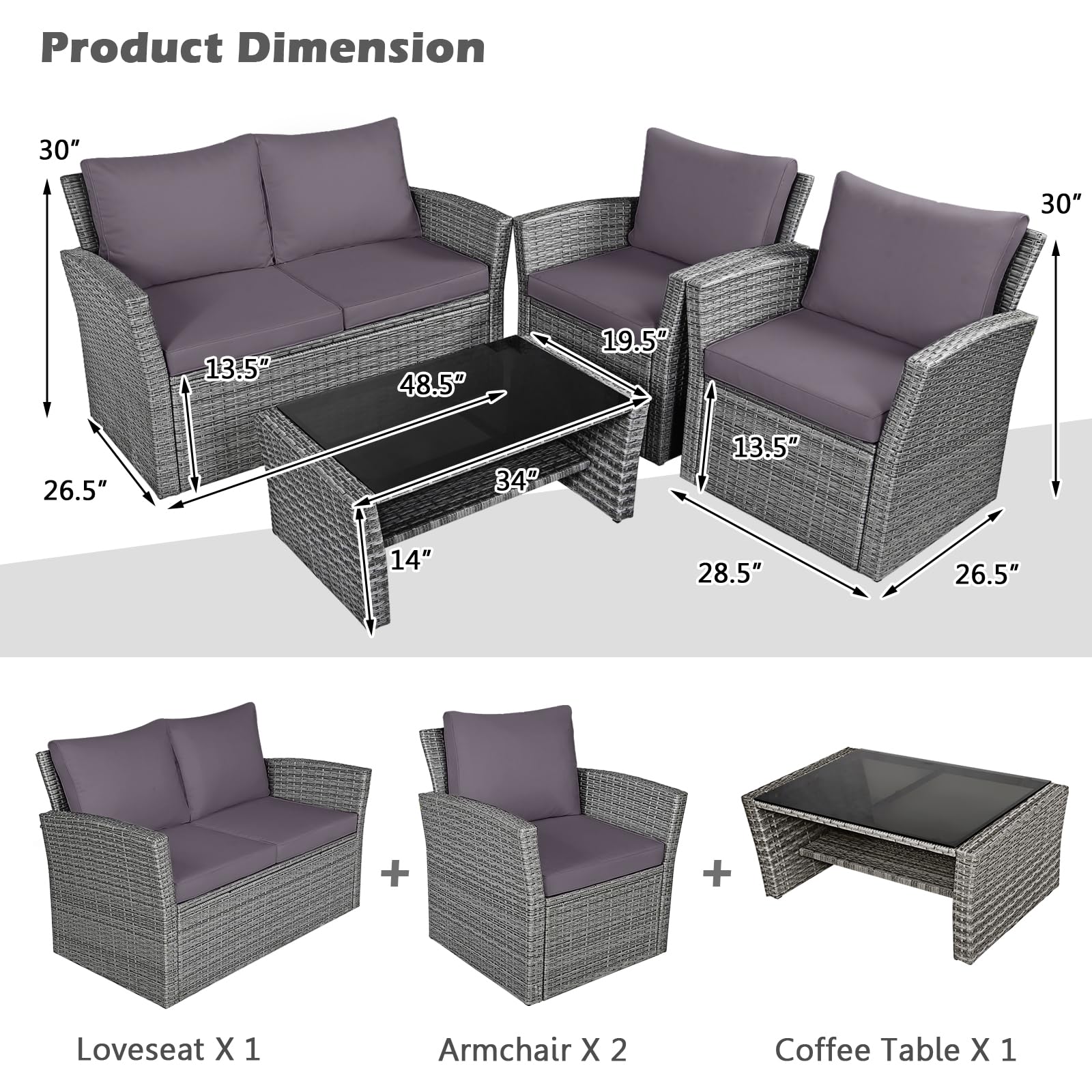HAPPYGRILL 4-Piece Outdoor Rattan Furniture Set with Cushions & Coffee Table - Patio Conversation Sofa Set for Garden, Porch, Balcony, Poolside - Perfect for Relaxing, Entertaining & Outdoor Dining
