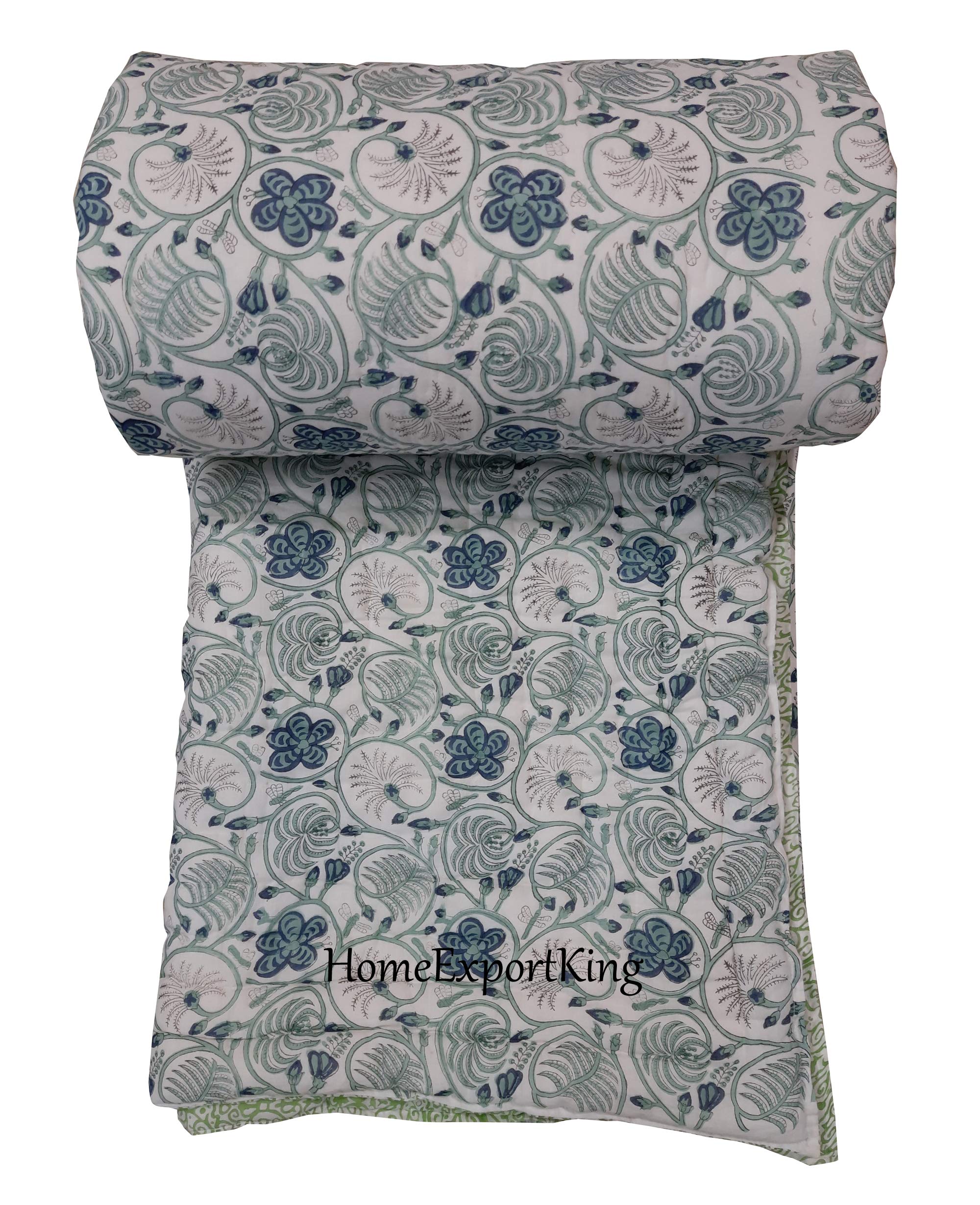 Handmade 100% Cotton Jaipuri Razai Quilt - Lightweight Winter Blanket & Bedspread for California King Size (108