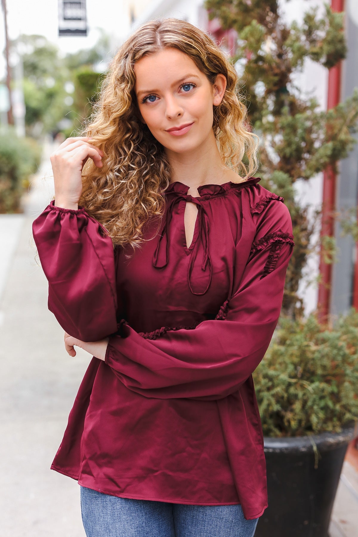 Elegant Burgundy Satin Blouse with Frill Detail & Tie Neck - Perfect for Holiday Parties & Special Occasions