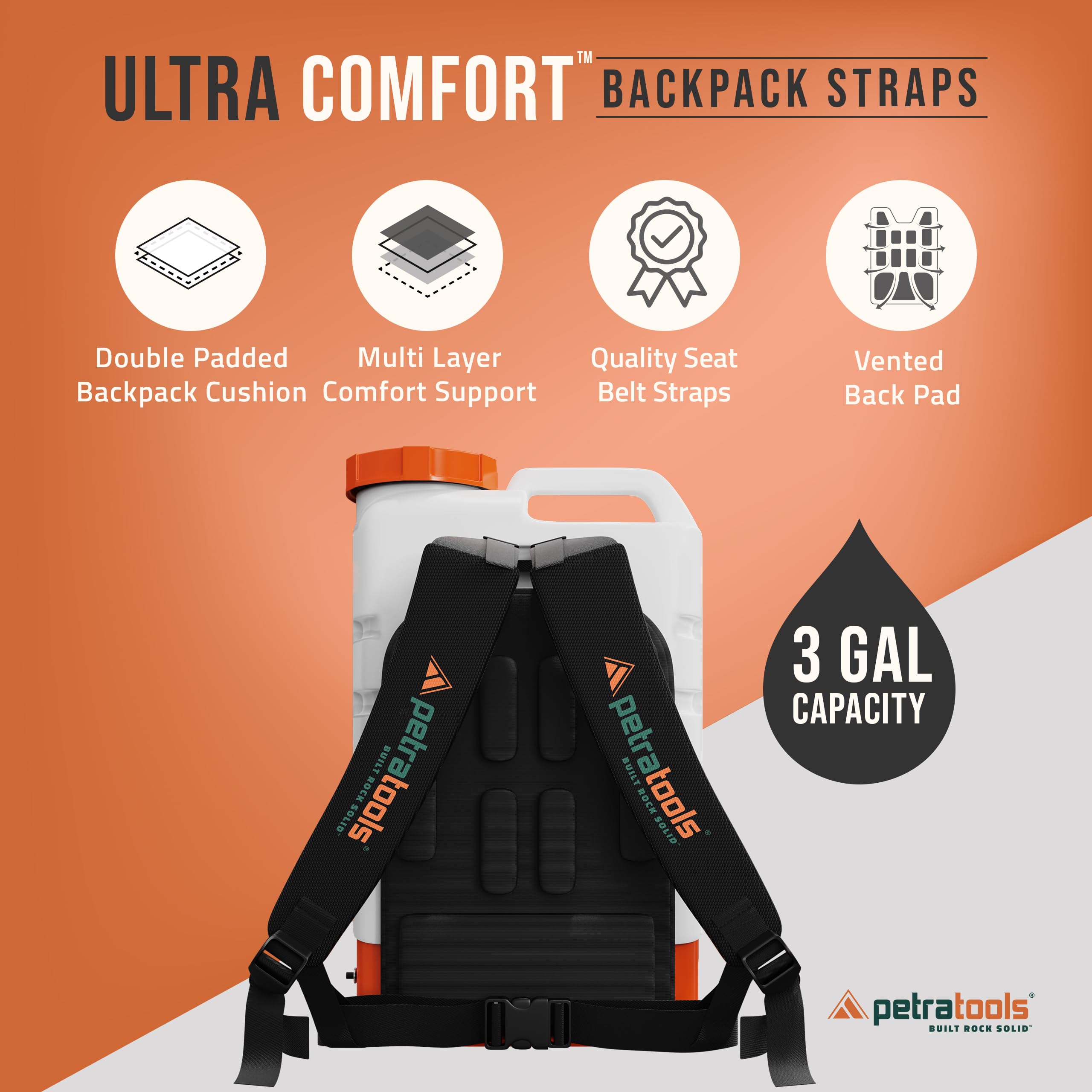 PetraTools HD3000 3 Gallon Battery Powered Backpack Sprayer for Lawn & Garden - 80PSI Electric Sprayer with 5 Spray Nozzles, Long Battery Life & Comfortable Padded Straps - Ideal for Weed Control, Pest Spraying, and Fertilizer Application (3 Gallon)