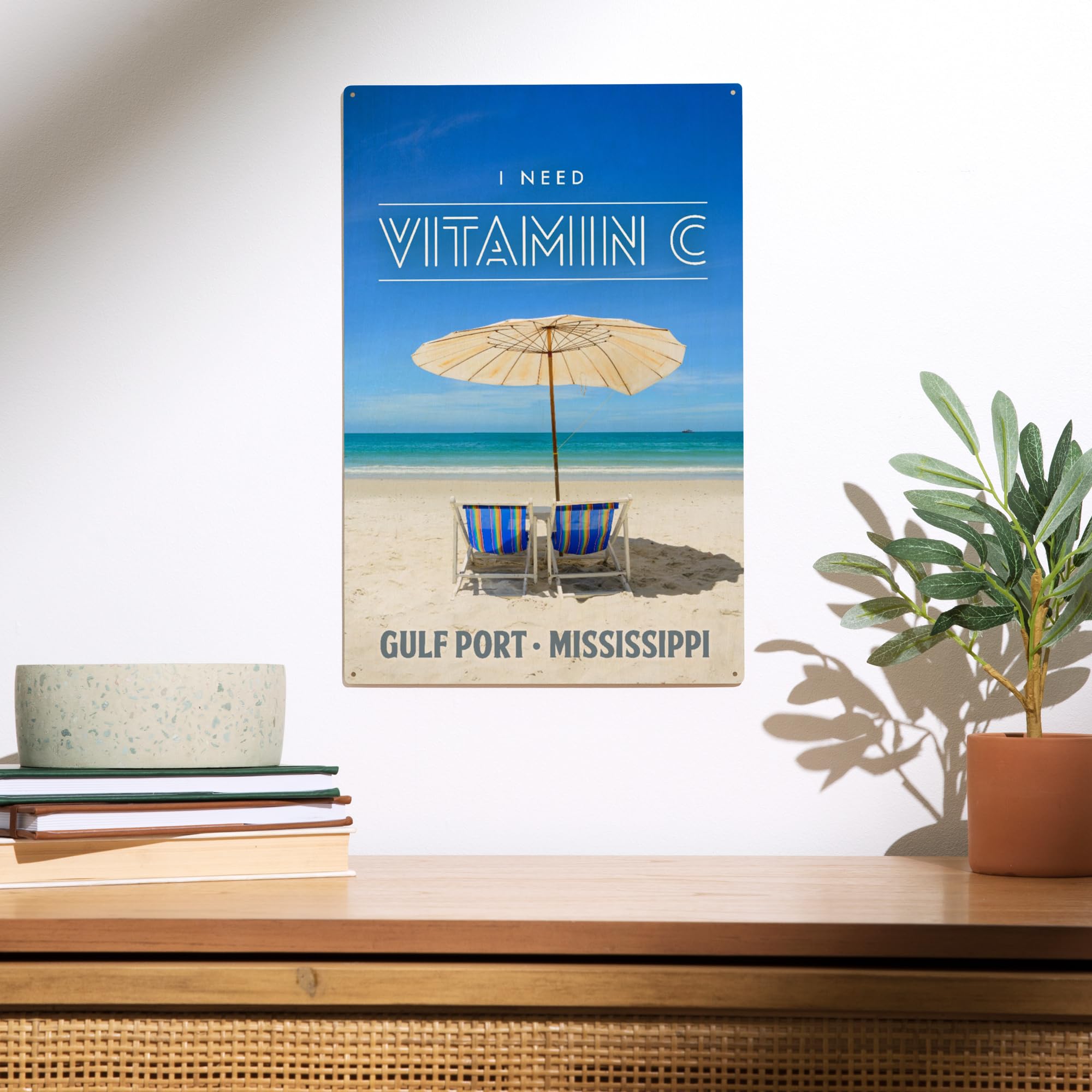 Lantern Press 10x15 Inch Wooden Wall Sign - Ready to Hang Coastal Decor Featuring Gulfport Mississippi Beach Scene with 'I Need Vitamin C' Design - Perfect for Beach House, Porch, or Living Room Decor