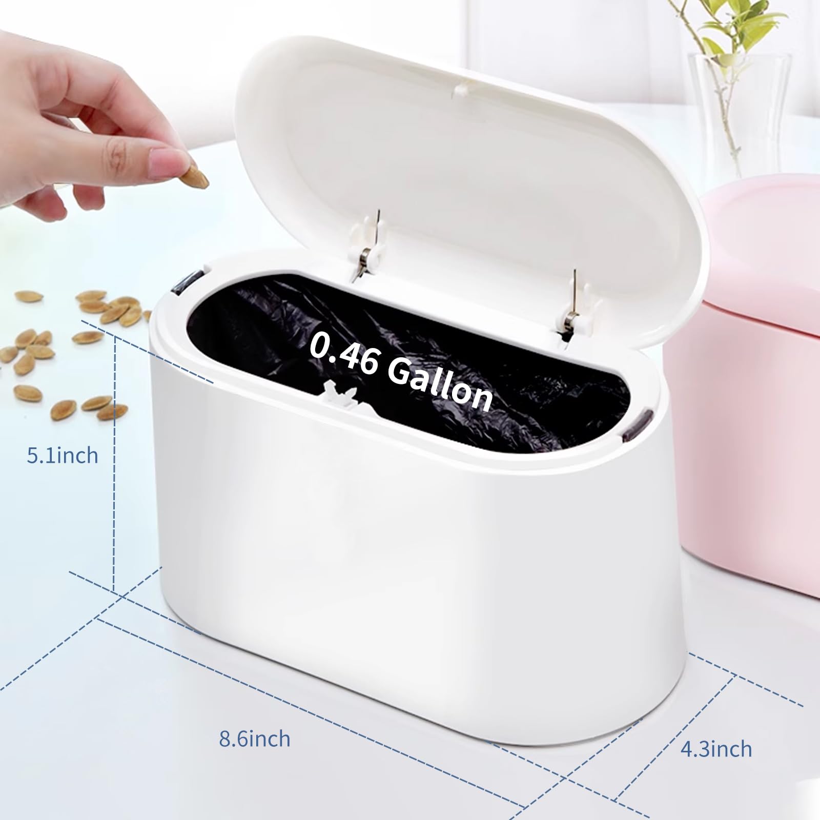 Mini Trash Can with Lid - Small Removable Garbage Bin, Compact Plastic Waste Basket for Bathroom, Office, Kitchen, Desk & Coffee Table | Pop-Up Countertop Lint Bin | Perfect for Home, Office & Travel Use (White)