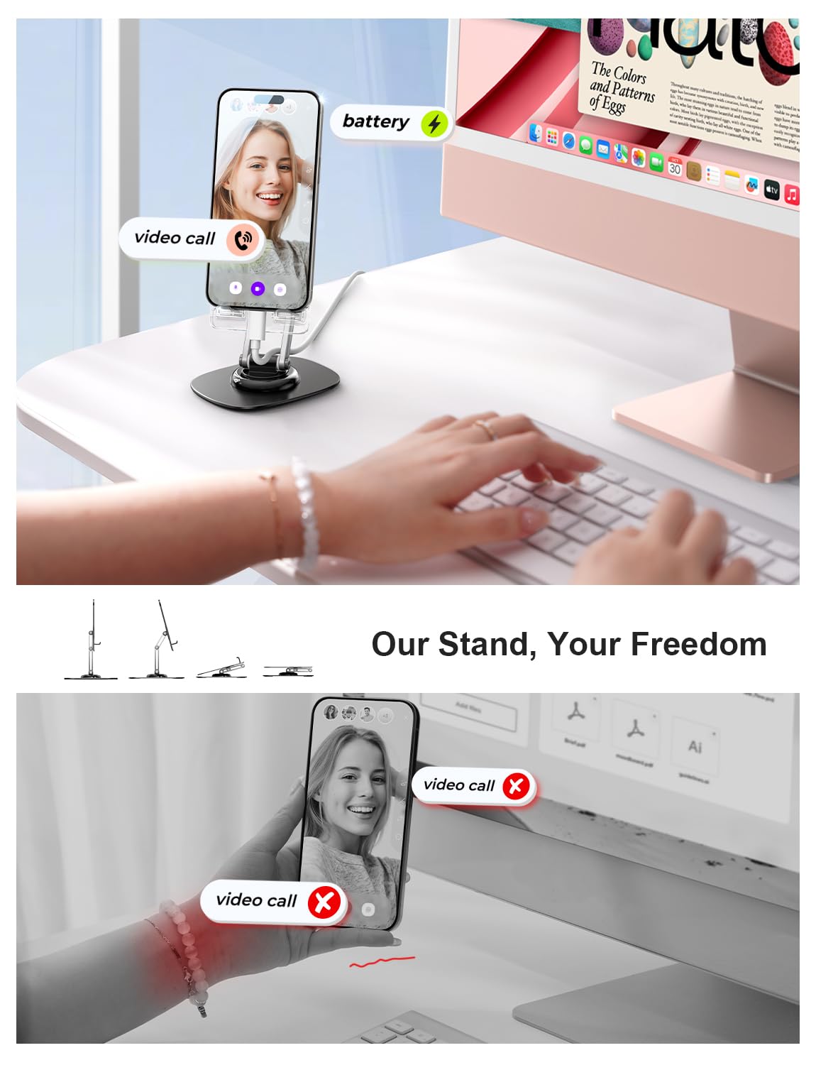 LISEN Acrylic Phone Stand for Desk - Adjustable Cell Phone Holder for iPhone & Android (4-11 Inch) - Cute Office Accessories for Women, Perfect for Cubicle, Home Desk & Video Calls