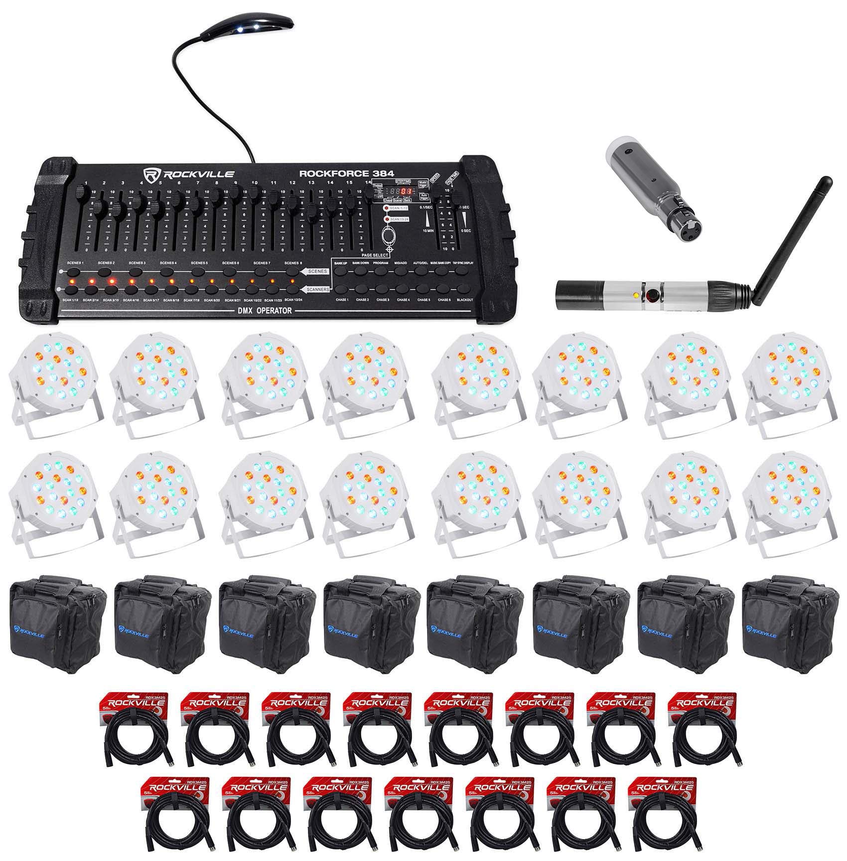 Rockville 384-Channel DMX Lighting Controller with Wireless Transmitter & Receiver + 16 PAR Lights – Professional Stage Lighting Setup for DJ, Concert, Theater, and Event Production