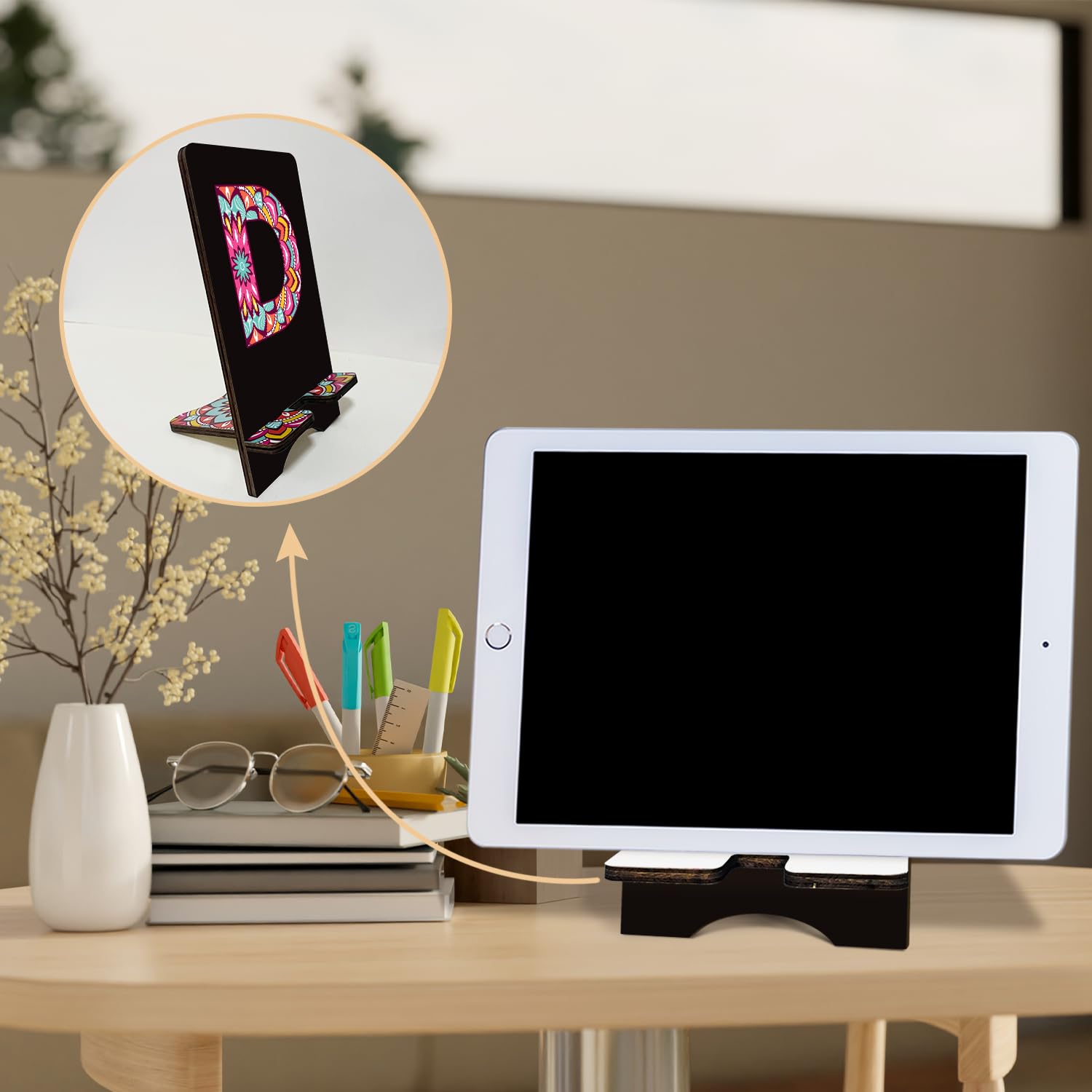 Personalized Initial Wooden Phone Stand - Universal Cell Phone Holder for Desk & Office with Charging Hole, Compatible with All Smartphones & Tablets | Perfect for Home, Office, Video Calls & Hands-Free Viewing