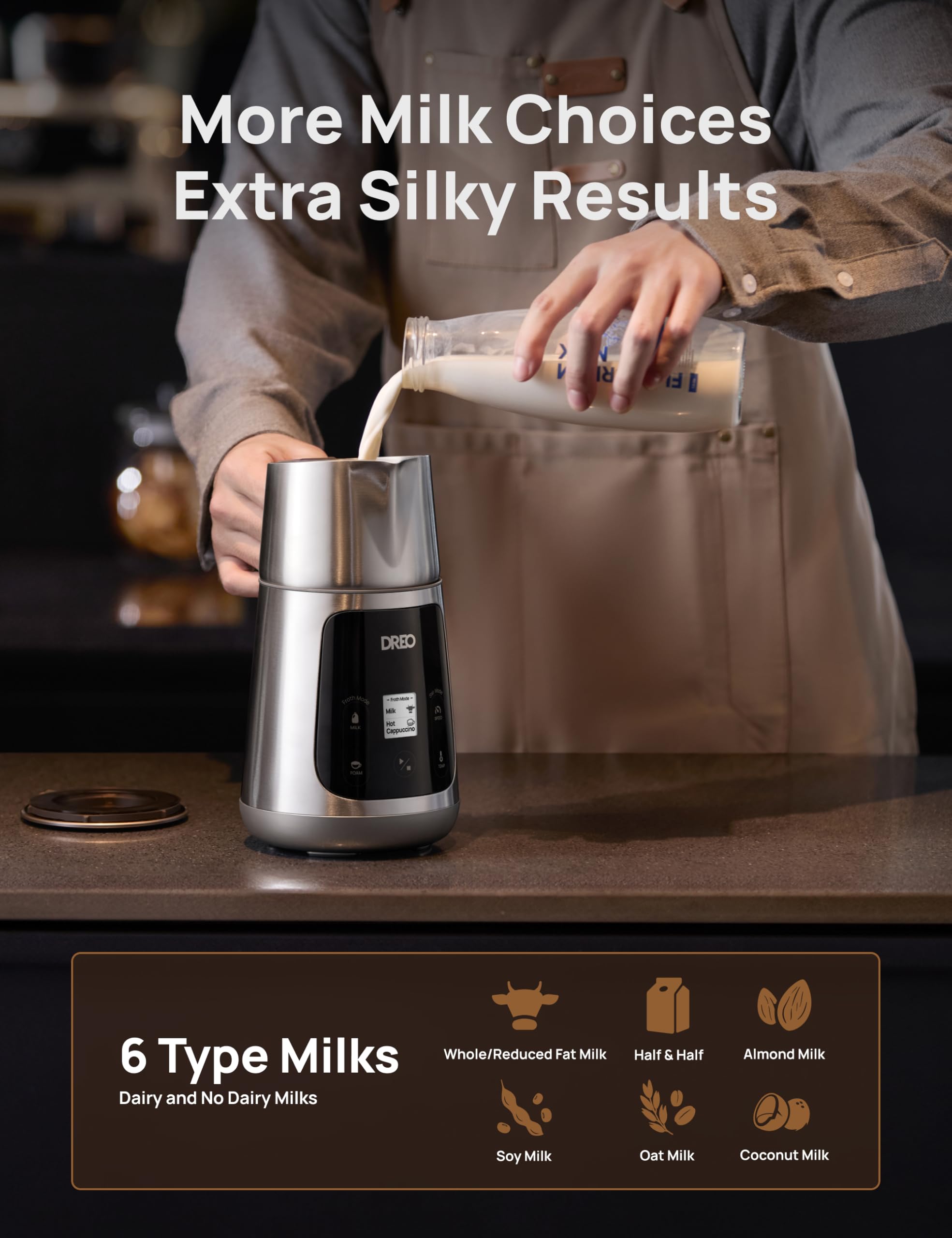 Dreo All-in-1 BaristaMaker Electric Milk Frother and Warmer - 15oz/450ml Automatic Coffee Frother for Latte Art, Cappuccino, Hot Chocolate - Works with Dairy & Plant-Based Milk - Dishwasher Safe - Perfect for Home Baristas, Coffee Shops & Office Use