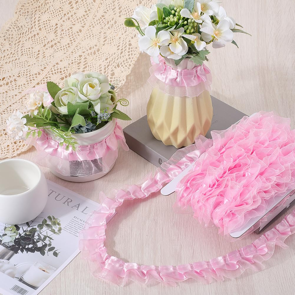 GORGECRAFT 11 Yards 2-Layer Satin Organza Lace Trim - 1.57 Inch Pleated Ruffle Chiffon Ribbon for Dress Sewing, Wedding Decor & DIY Crafts (Pink) - Perfect for Bridal Gowns, Party Decorations and Fabric Embellishments