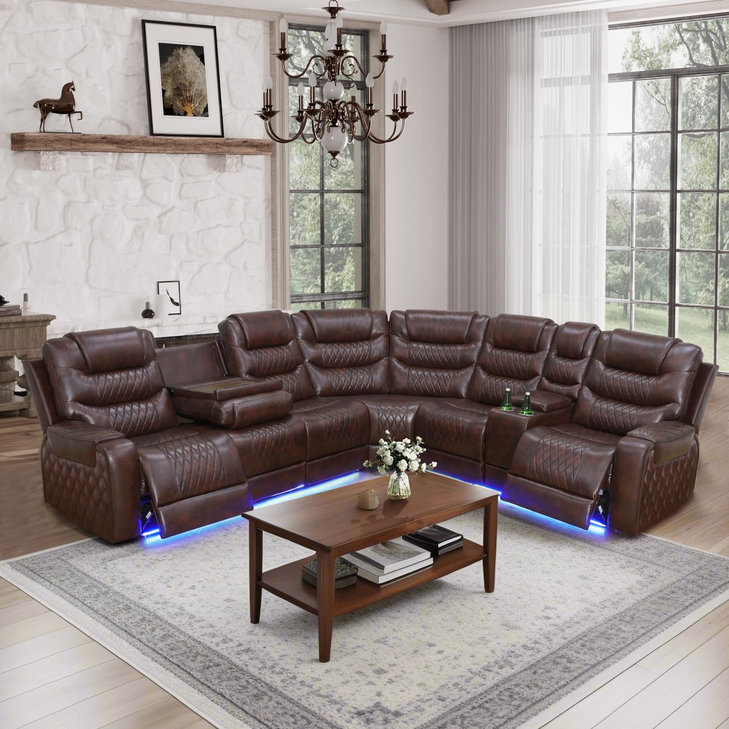 Power Reclining Sectional Sofa with USB Chargers & Storage Console - Genuine Leather Recliner Sofa Set for Living Room, Apartment, Office & Home Theater - Comfortable Modern Furniture (Brown) | Perfect for Family Movie Nights, Guest Entertaining & Relaxing After Work
