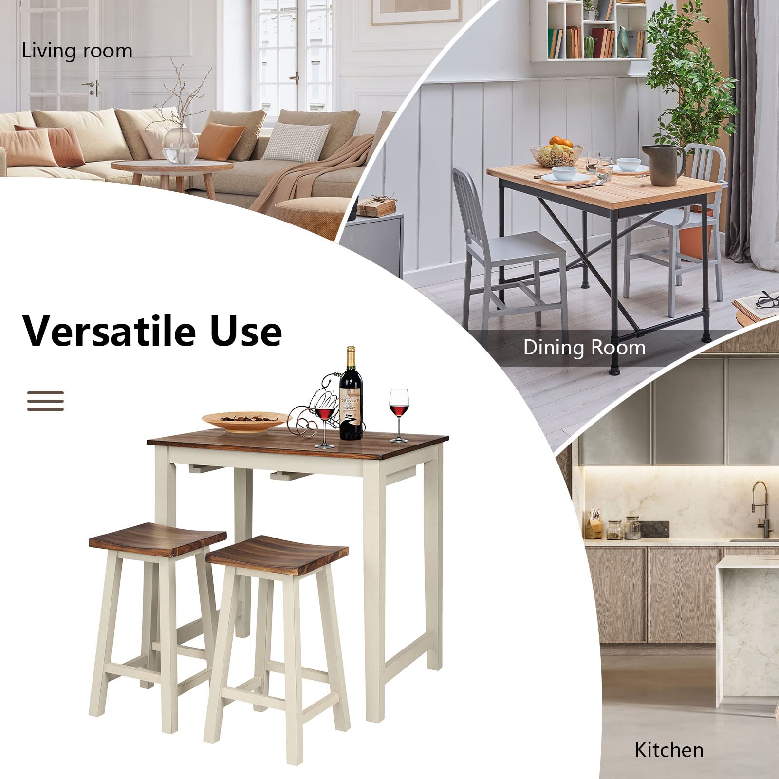 COSTWAY 3-Piece Counter Height Dining Set with 2 Saddle Stools - Industrial Style Wooden Pub Table for Breakfast Bar, Kitchen, Living Room & Restaurant | Perfect for Small Spaces, Apartments & Outdoor Patios