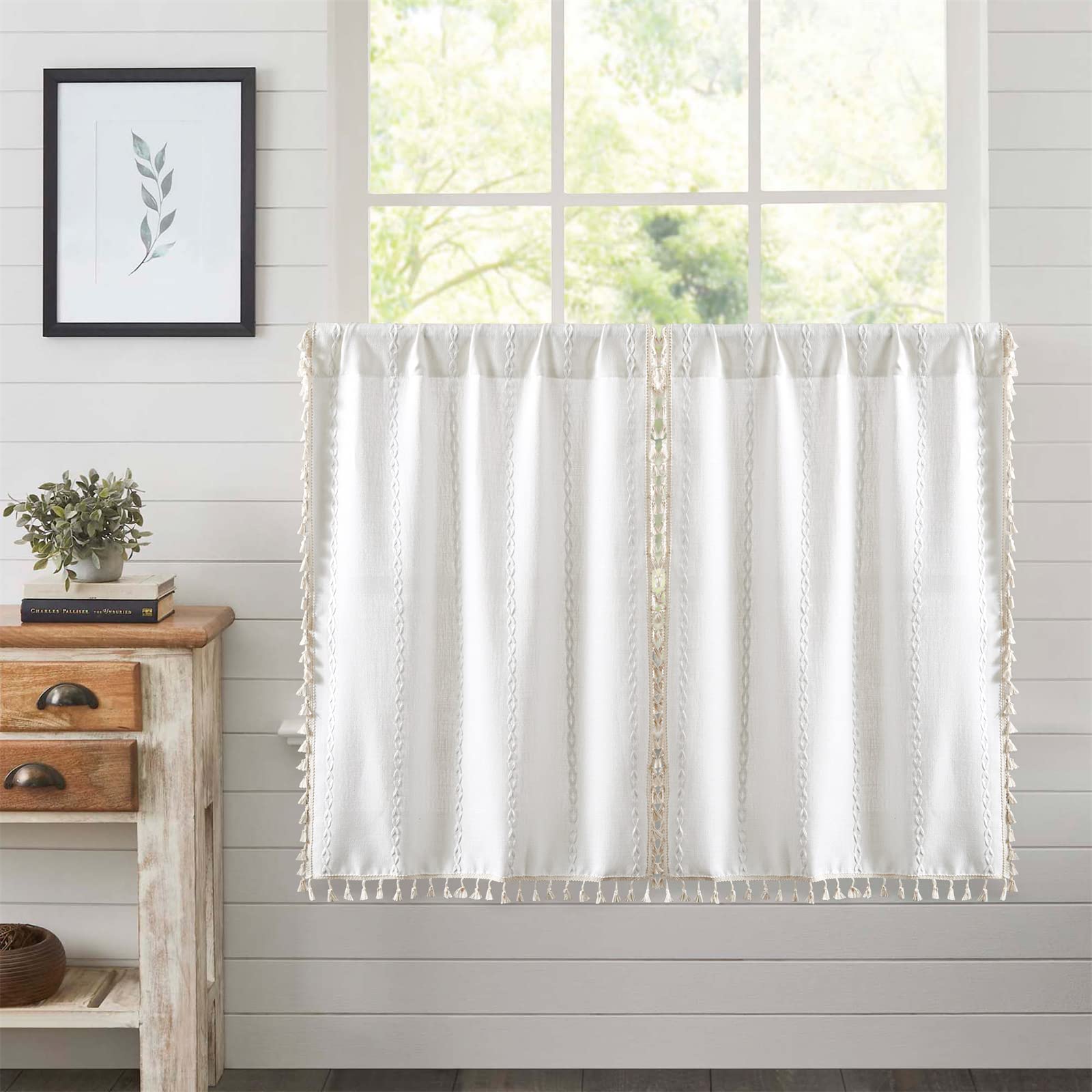 RoomTalks White Boho Farmhouse Kitchen Curtains - 45 Inch Length French Striped Modern Vintage Textured Tassel Charcoal Short Cafe Curtains for Small Windows - Perfect for Kitchen, Bathroom & Farmhouse Decor (Set of 2) | Adds Boho Chic Style to Your Home