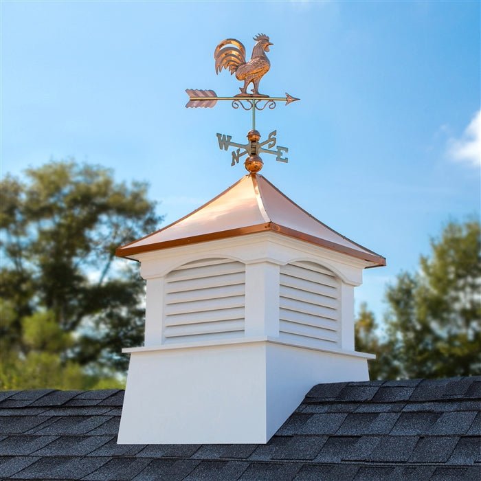 30 Inch Square Coventry Vinyl Cupola with Rooster Weathervane - Classic Roof Top Decoration for Barns, Sheds & Gazebos
