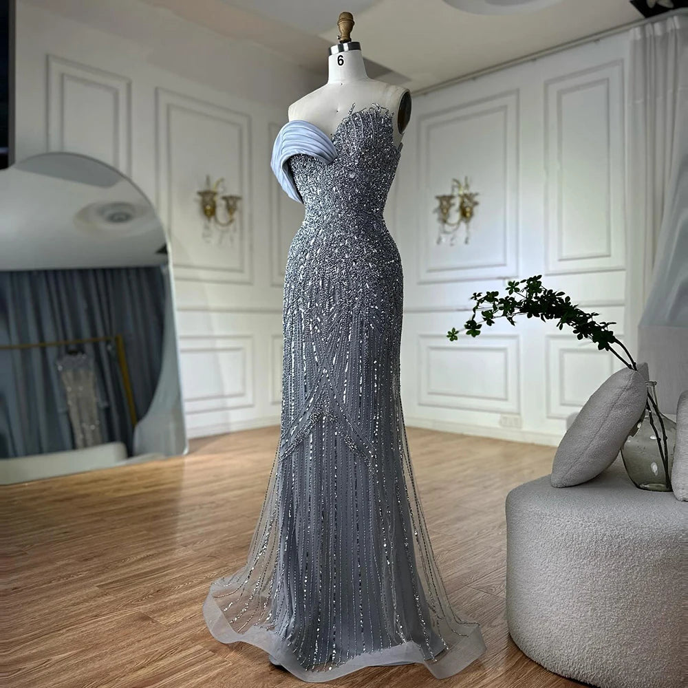 Elegant Arabic Green Mermaid One Shoulder Beaded Long Evening Dress Gown for Women - Luxury Dubai Style Formal Wear for Prom, Wedding & Special Occasions LA72650