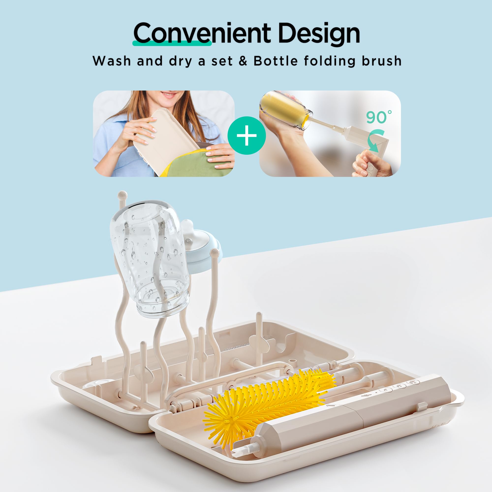 Electric Bottle Brush Cleaner - 6-in-1 Rechargeable Folding Brush Set with Silicone Brush, Nipple Brush, Straw Brush, Drying Rack & Storage Box | Baby Bottle Cleaning Kit for Travel, Home & Nursery Use