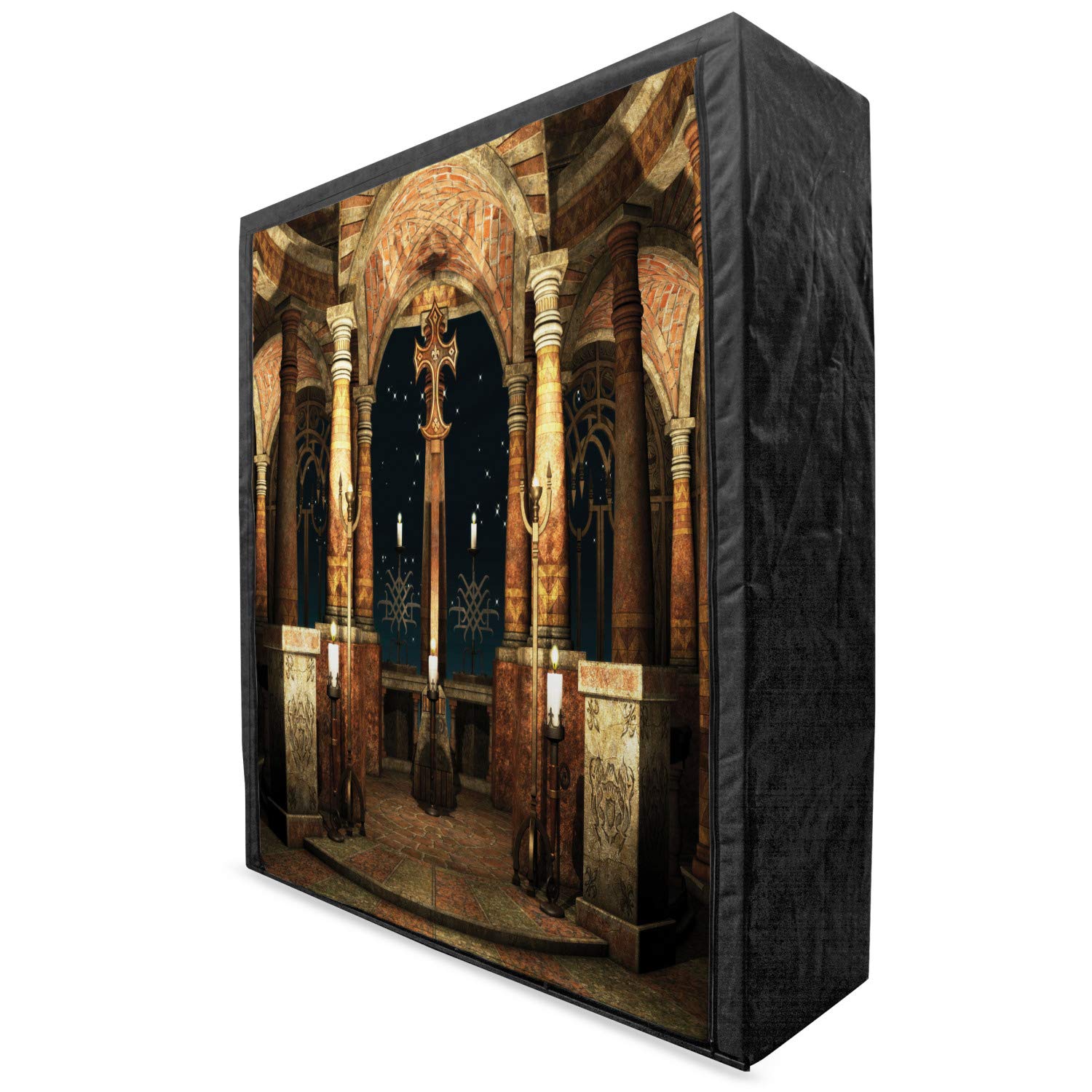 Ambesonne Gothic Portable Fabric Wardrobe - Dark Mystic Hall with Pillars & Dome Shrine Design, 59 Inch Clothing Organizer with Shelves for Bedroom Storage (Ivory/Brown/Black) | Perfect for Gothic Decor, Small Space Living & Seasonal Closet Organization