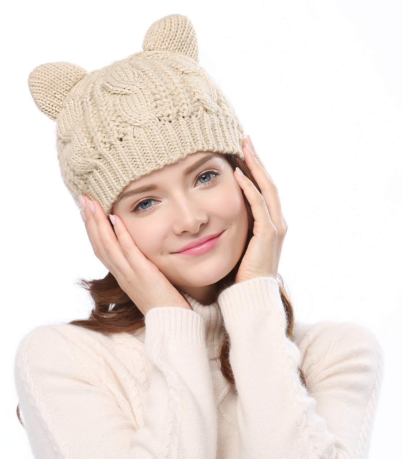 Bellady Women's Crochet Knit Cat Ear Beanie Hat - Warm Winter Braided Cap for Women, Girls - Perfect for Outdoor Activities, Travel, and Casual Wear