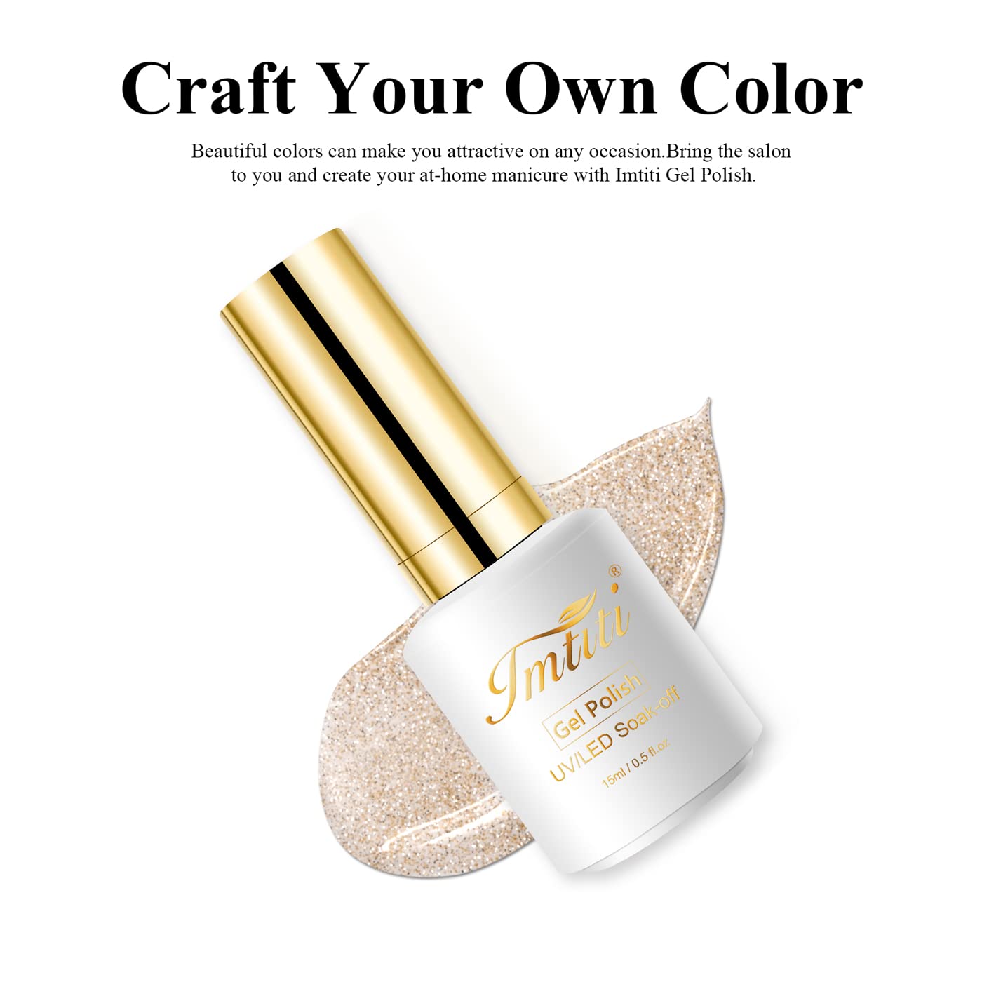 Imtiti Champagne Gold Glitter Gel Nail Polish - 0.5 Fl Oz Soak Off LED/UV Gel Polish for DIY Nail Art, Manicure & Salon Use | Long Lasting Shimmer Nail Polish Kit for Women & Girls | Perfect for Parties, Weddings & Special Occasions
