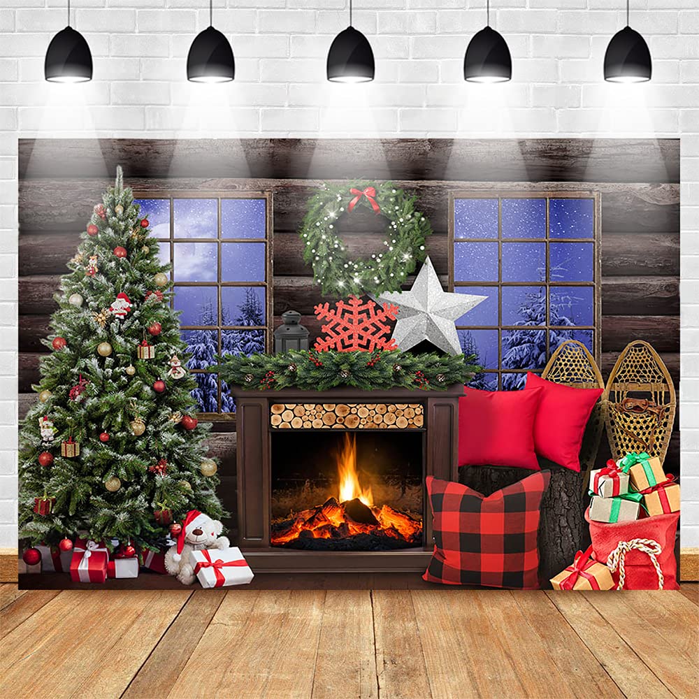 10x7ft Christmas Fireplace Photography Backdrop - Holiday Winter Scene with Xmas Tree & Gifts for Portrait Studio, Family Photos, and Seasonal Decor (Mocsicka)