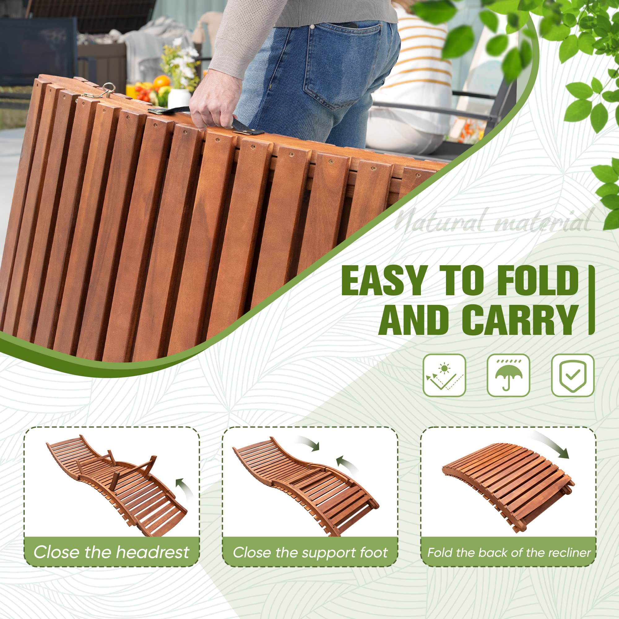 Devoko 2-Piece Outdoor Wooden Folding Chaise Lounge Chair Set - Waterproof Patio Poolside Sunbathing Chair for Backyard, Beach & Garden Relaxation
