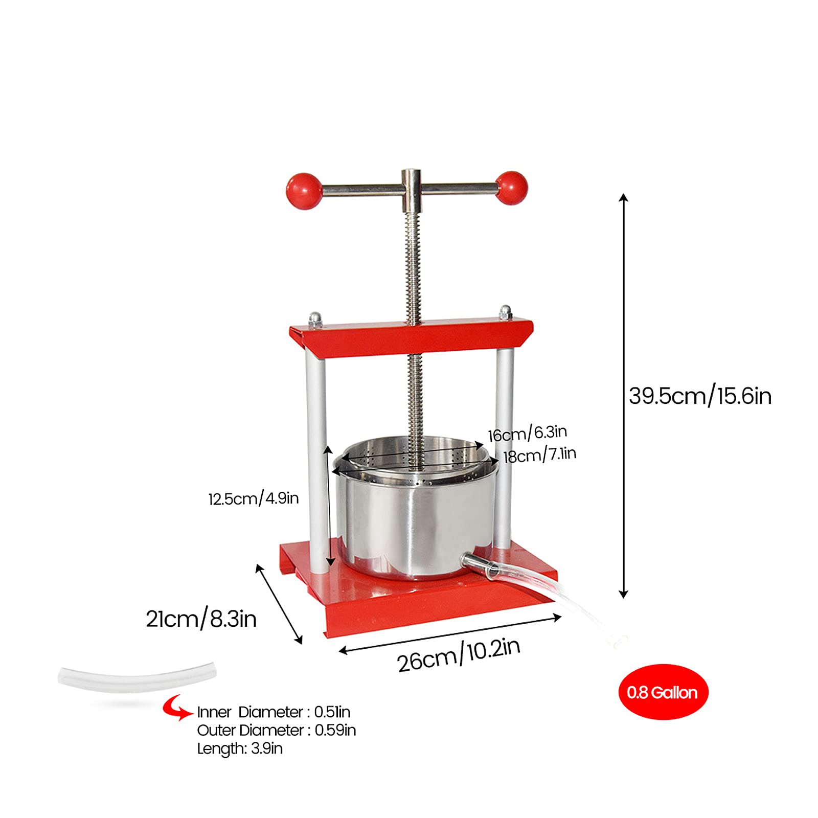 Stainless Steel Manual Fruit Wine Press 0.8 Gallon (3L) - Heavy Duty Juice Extractor for Apples, Grapes, Berries - Ideal for Homemade Cider, Wine, Olive Oil & Cheese Making - Perfect for Home Brewing & Kitchen Use