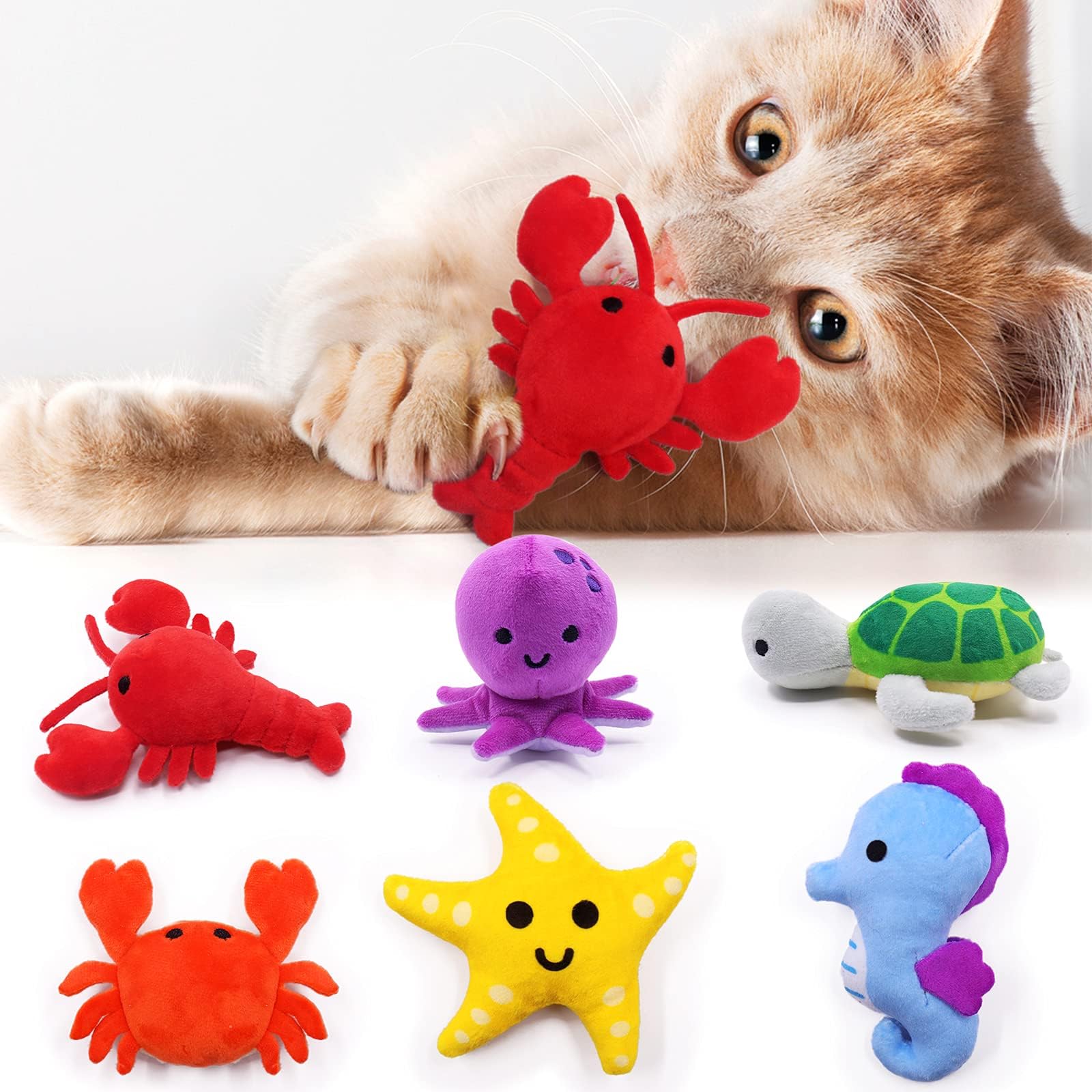 Organic Catnip Toys for Indoor Cats - 6 Pack Interactive Kitten Toys with Lobster, Octopus, Crab, Starfish, Seahorse & Turtle - Perfect Cat Lover Gifts & Chew Bite Kick Play Toys - Great for Playtime, Training & Stress Relief