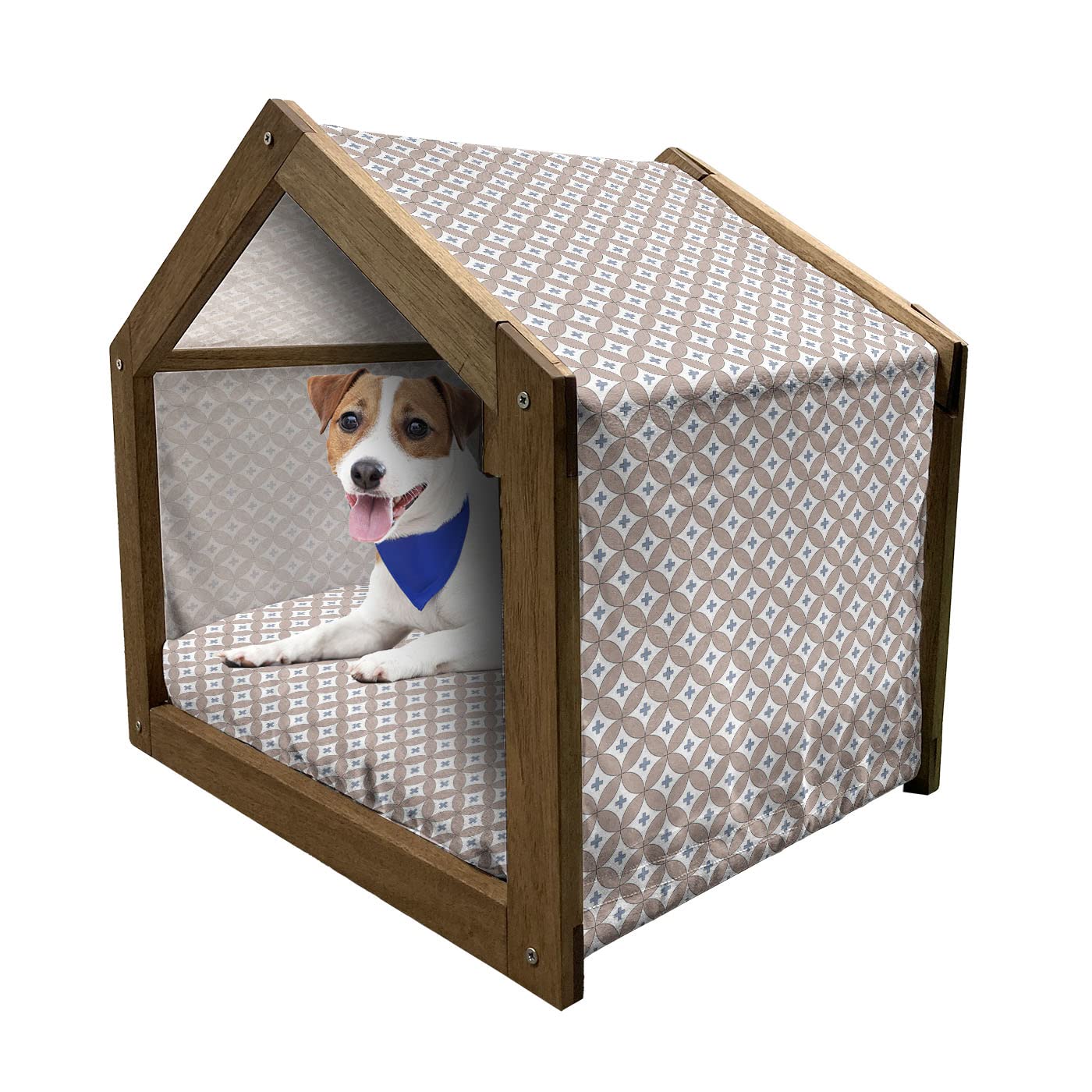 Ambesonne Geometric Wooden Pet House - Indoor & Outdoor Portable Dog Kennel with Pillow & Cover, Medium Size, Abstract Entwined Circles Design in Dried Rose Slate Blue - Perfect for Home, Garden, or Travel Use