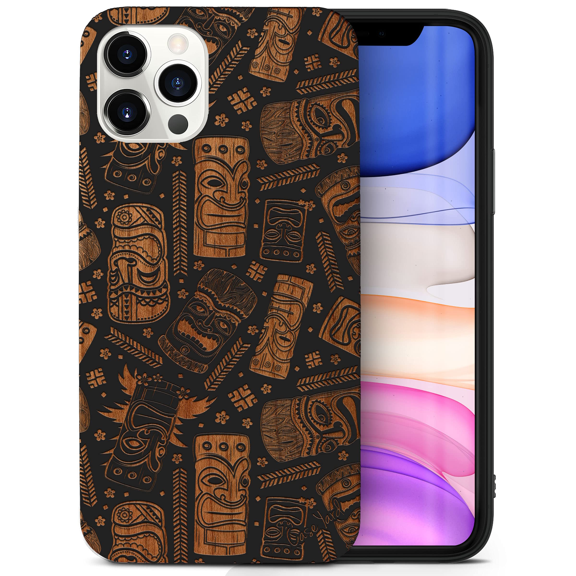 CaseYard Wood Phone Case for iPhone 12 Pro Max - Laser Engraved Mask Design, Black Wood Protective Cover | Shockproof & Slim Fit for Men & Women | Perfect for Outdoor Activities & Daily Use