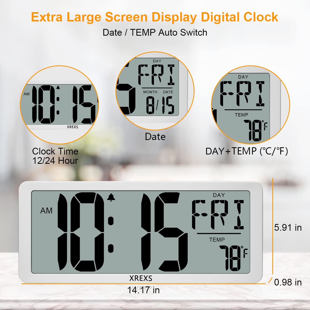 XREXS 14.17 Inch Large Digital Wall Clock with LCD Screen - Battery Operated Electronic Alarm Clock for Bedroom, Office & Kitchen | Displays Time, Date & Temperature | Features Count Up/Down Timer | Perfect for Home, Classroom and Workplace Use