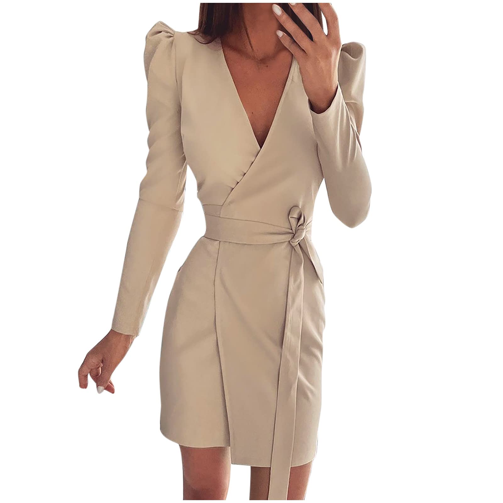 Sexy V-Neck Wrap Mini Dress for Women - Long Sleeve Pencil Work Dress, Elegant Business & Cocktail Party Dress | Perfect for Office, Date Night & Special Events