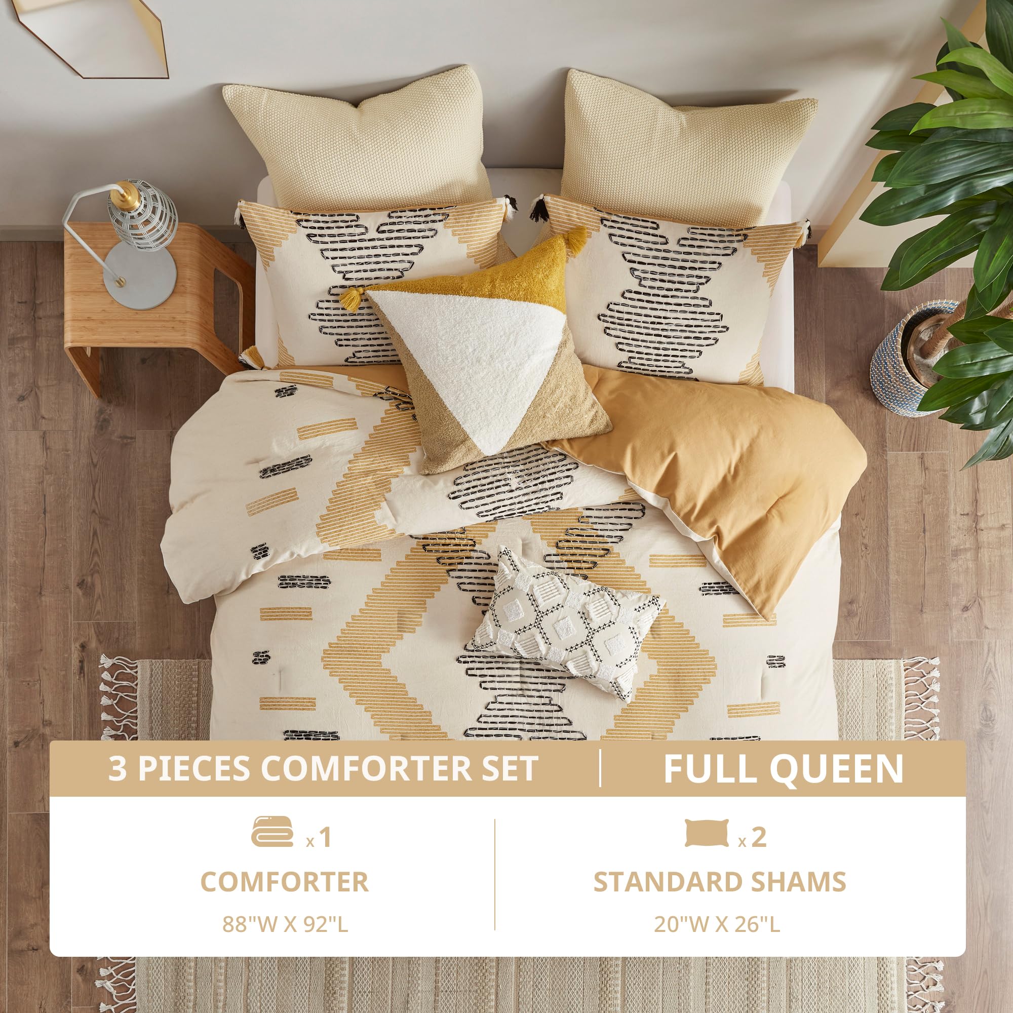 Ink+Ivy Queen Comforter Set - Southwestern Geometric Pattern with Decorative Embroidery | Boho Chic Pre-Washed Cotton Bedding Set (3-Piece, Full/Queen Size, Yellow) for Cozy Bedroom Decor & Guest Room Styling