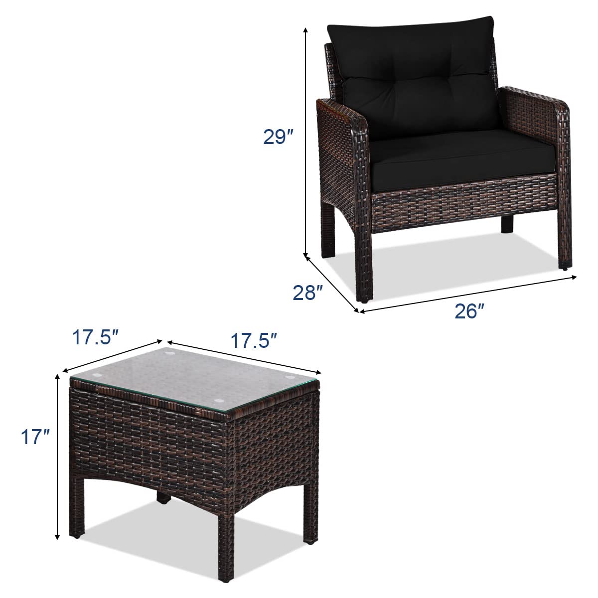 COSTWAY 3-Piece Outdoor Patio Furniture Set - All-Weather Wicker Sofa with Cushions & Coffee Table - Rattan Conversation Set for Garden, Balcony, Backyard, Poolside - Perfect for Relaxing, Entertaining & Outdoor Lounging (Black)