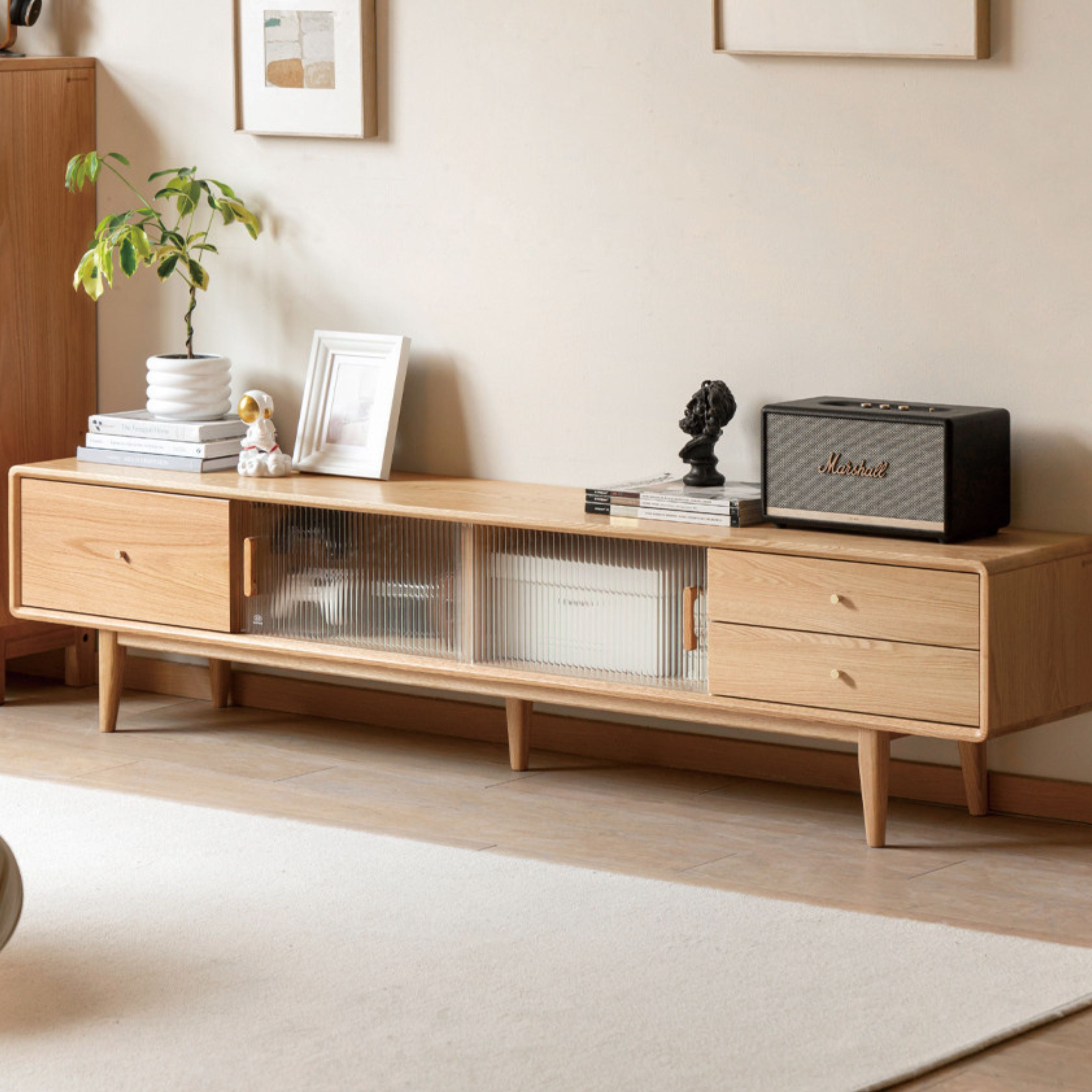 Solid Oak & Beech Wood TV Stand - Modern Entertainment Center for Living Room, Bedroom - Durable & Stylish TV Console with Storage Shelves