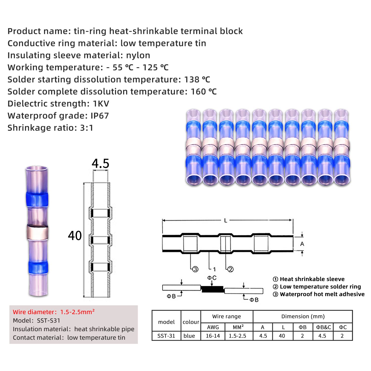 16-14 AWG 2:1 Solder Seal Wire Connectors - 100pcs Heat Shrink Butt Terminals for Electrical Wiring | Waterproof & Insulated Crimp Connectors | Ideal for Automotive, Marine & Home Electrical Repairs