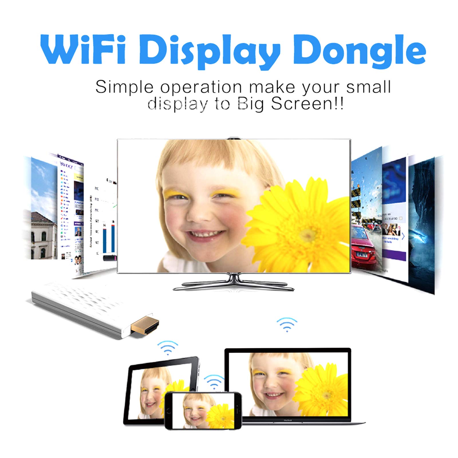 SunshineFace Wi-Fi Display Dongle - Airplay, DLNA, Miracast Compatible for Mac, Windows 8.1 | Wireless Screen Mirroring for Home Theater, Meetings & Presentations