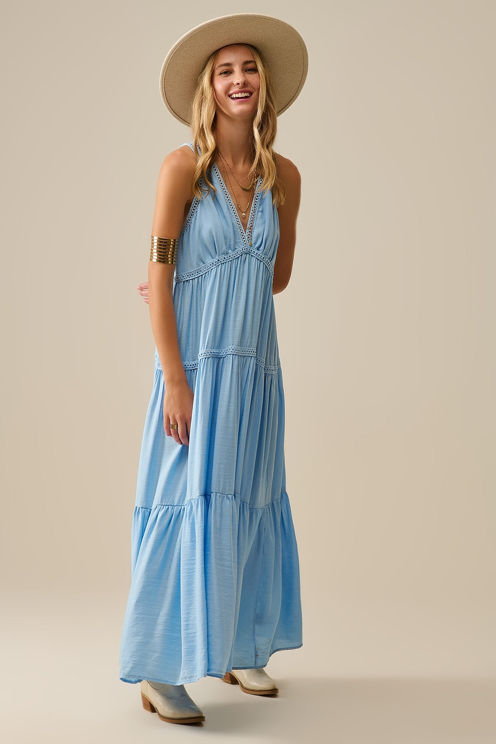 Elegant Long Flowy Robe with Lace Inserts in Light Blue - Perfect for Spa, Bridal Showers & Relaxing at Home
