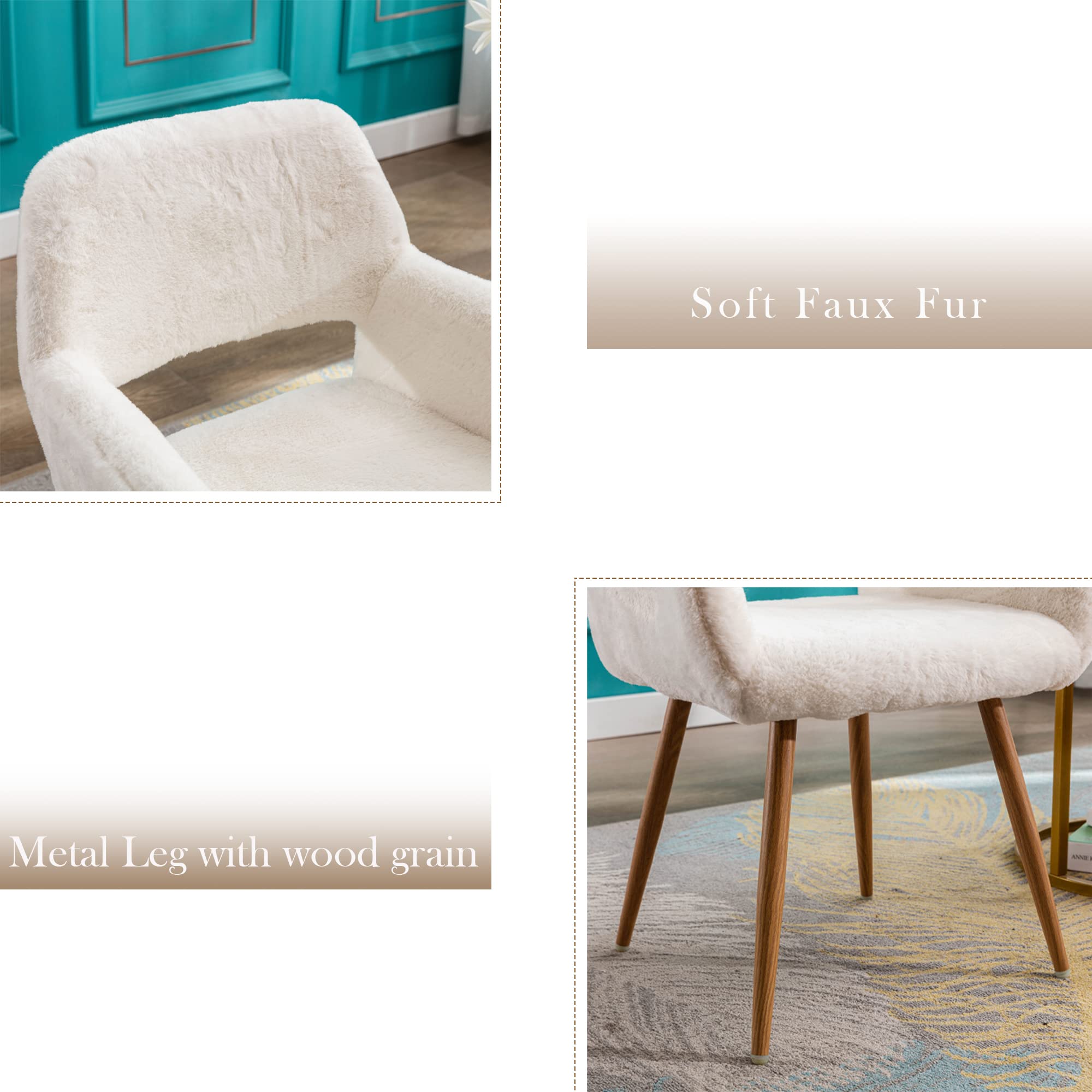 KCC Furry Desk Chair - Mid-Century Modern Accent Armchair with Faux Fur Upholstery & Wood-Look Metal Legs - Comfortable Seating for Teen Girls - Perfect for Living Room, Dining Room, Home Office, Vanity or Makeup Area (White, No Wheels) - Ideal for Study Sessions, Gaming, and Relaxing