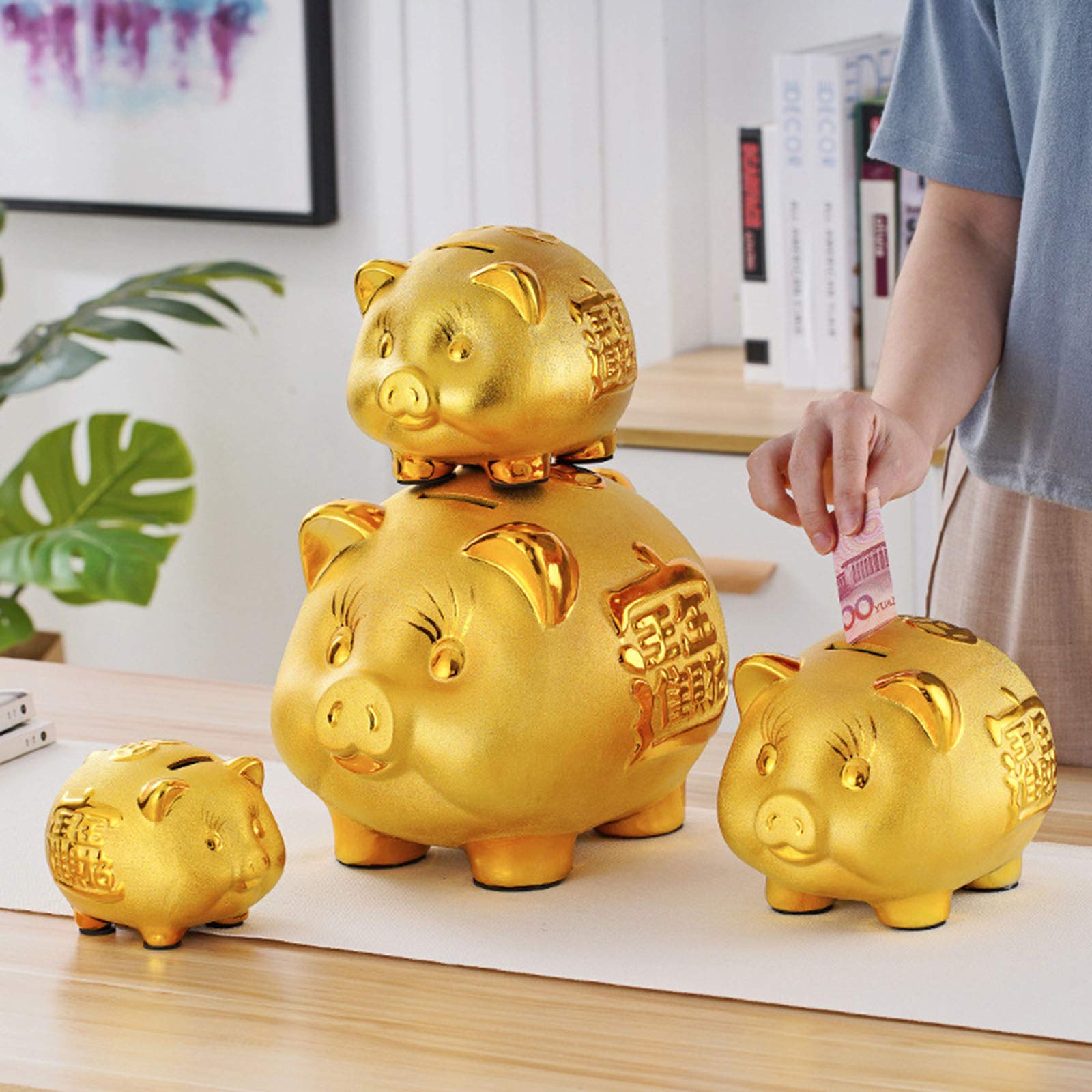 Golden Ceramic Piggy Bank - XL Money Saving Coin Jar for Wealth & Success | Home Decor, Holiday & Birthday Gift Idea | Perfect for Kids' Savings, Office Desk Decor, and Financial Goal Tracking