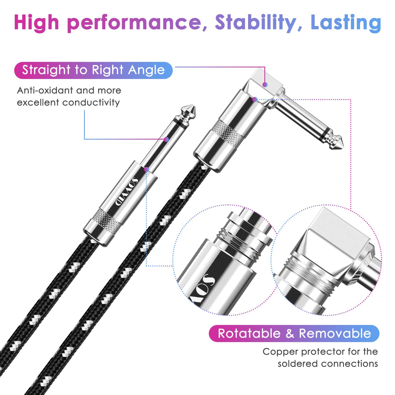 10FT Guitar Cable 2 Pack - 1/4 Inch Right Angle Instrument Cable for Electric Guitar, Bass, Keyboard & AMP (Black & White) - Durable Audio Cord for Live Performances, Studio Recording & Home Practice