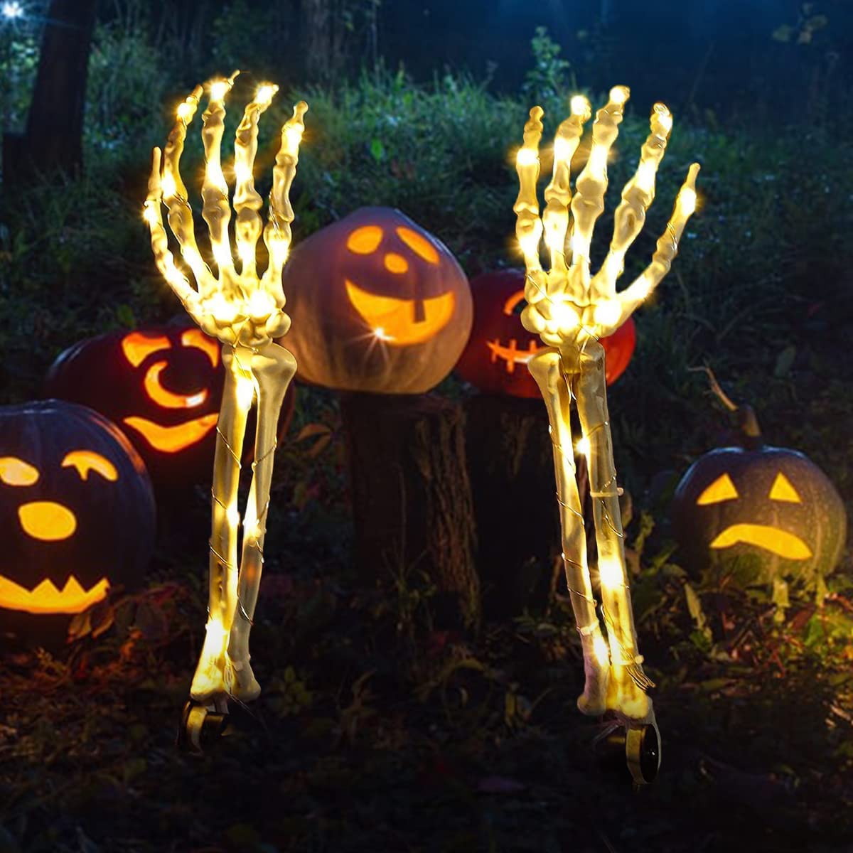 2 Pack Halloween Lighted Skeleton Arm Stakes - 40 LED Warm White Waterproof Outdoor Decor with Timer | Battery Operated Lawn & Garden Decoration for Spooky Halloween Party, Haunted House, and Yard Displays