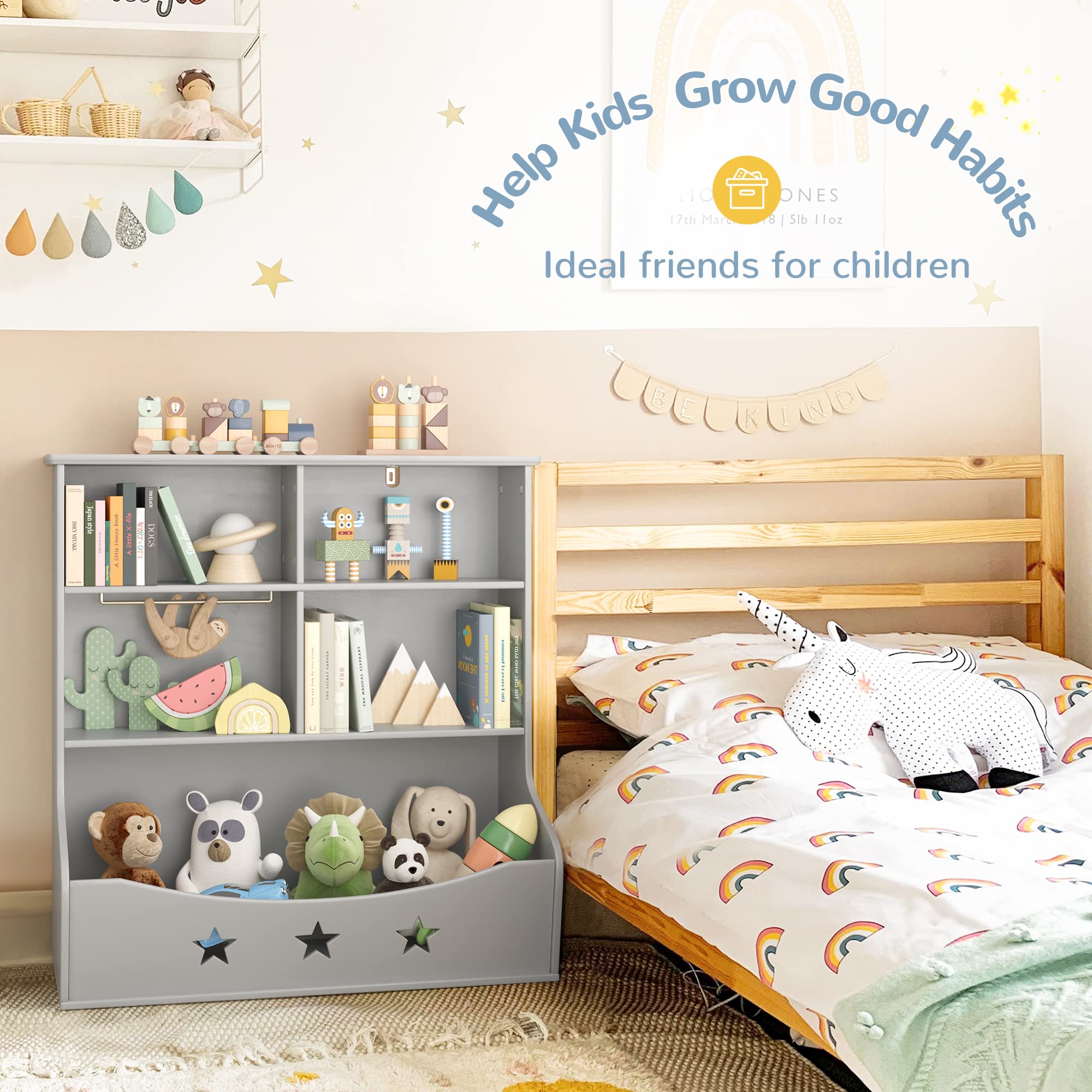 Wooden Kids Bookshelf with 5 Cube Storage - 3-Tier Open Bookcase & Toy Organizer for Nursery, Playroom, Bedroom - Gray Star Pattern Shelf for Books & Toys Storage | Perfect for Montessori, Daycare & Home Organization