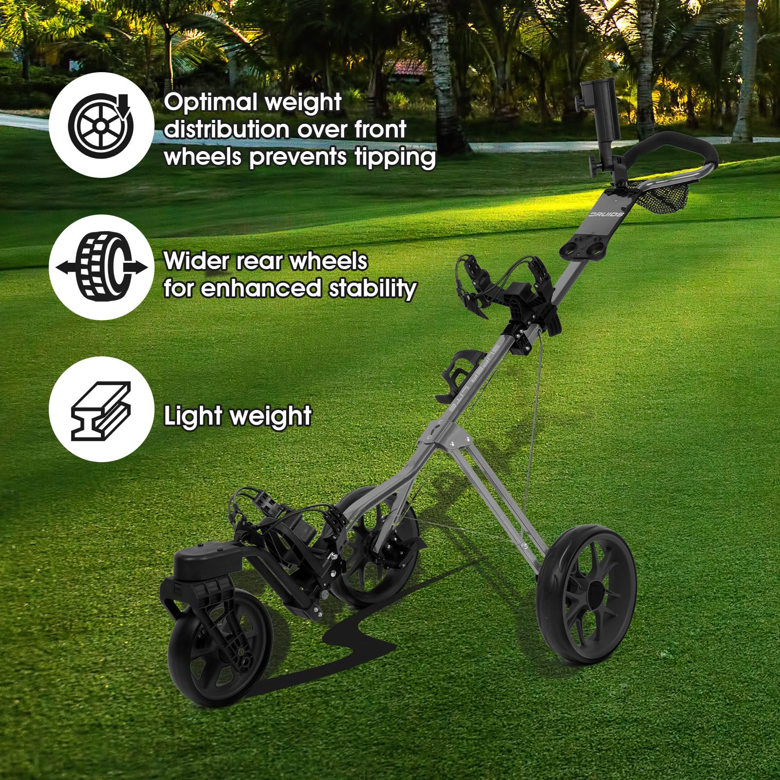 DRUIDS Golf 360 Push Cart - Lightweight 3-Wheel Swivel Golf Push Cart with Brake, Umbrella Holder & Foldable Design | Portable Walking Golf Caddy for Men & Women | Perfect for Course Walking, Practice Rounds & Senior Golfers