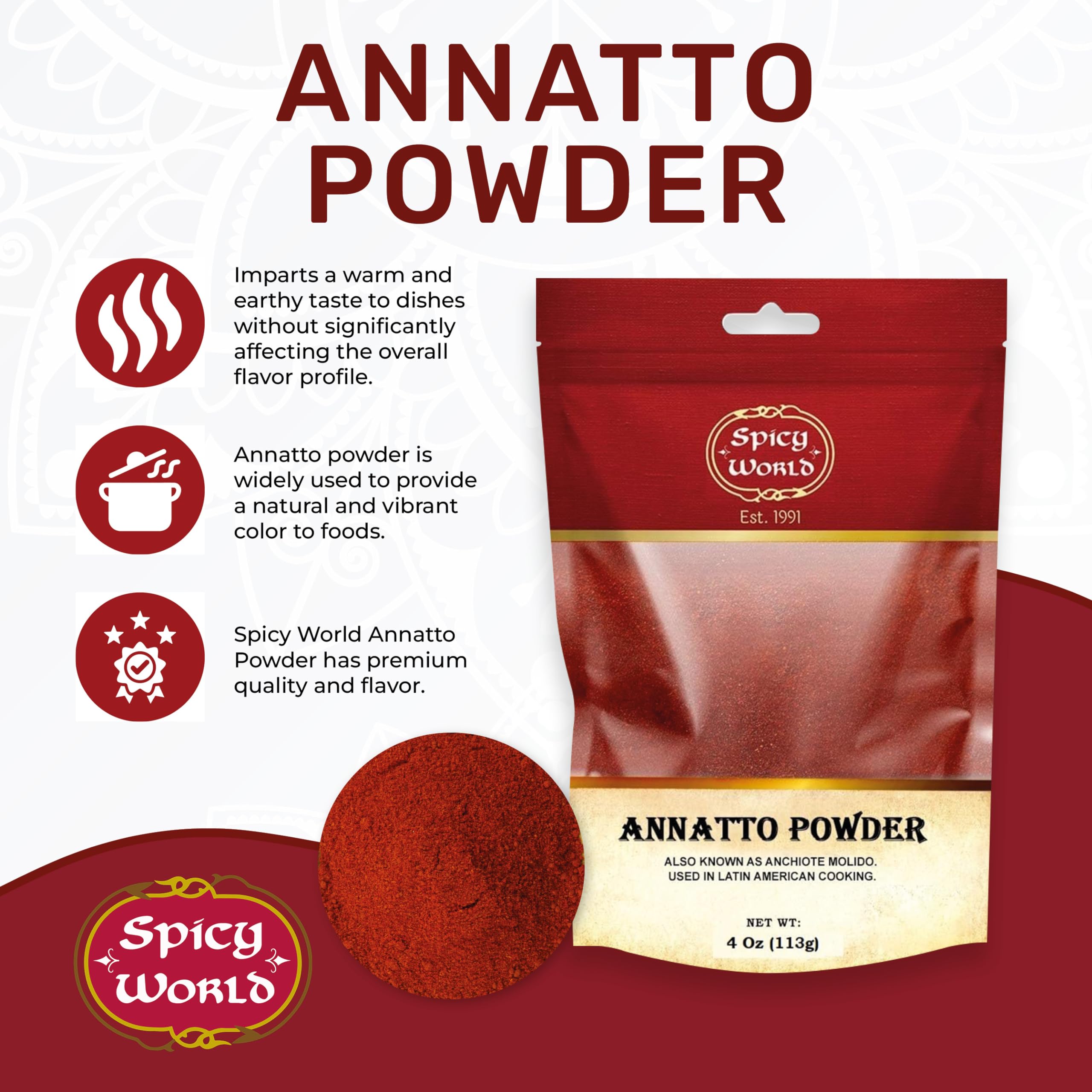Premium Annatto Powder 4oz (113g) - Natural Achiote Seed Spice for Latin American Cooking - Perfect for Rice, Stews & Marinades - Vibrant Color & Flavor Enhancer