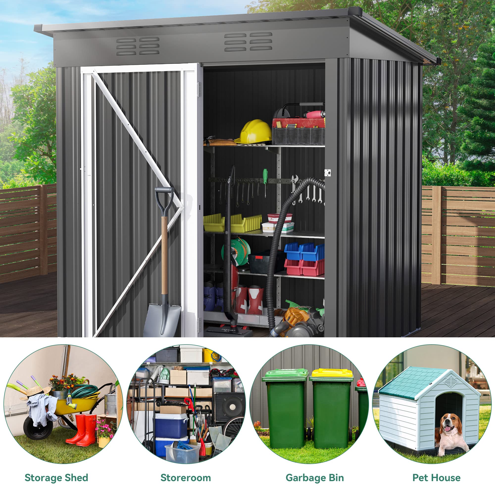 DWVO 5x3FT Heavy Duty Metal Outdoor Storage Shed with Lockable Door & Air Vent - Garden Tool Shed for Bikes, Trash Cans, Lawn Mowers, Yard Equipment - Perfect for Patio, Backyard & Garage Organization (Dark Gray)
