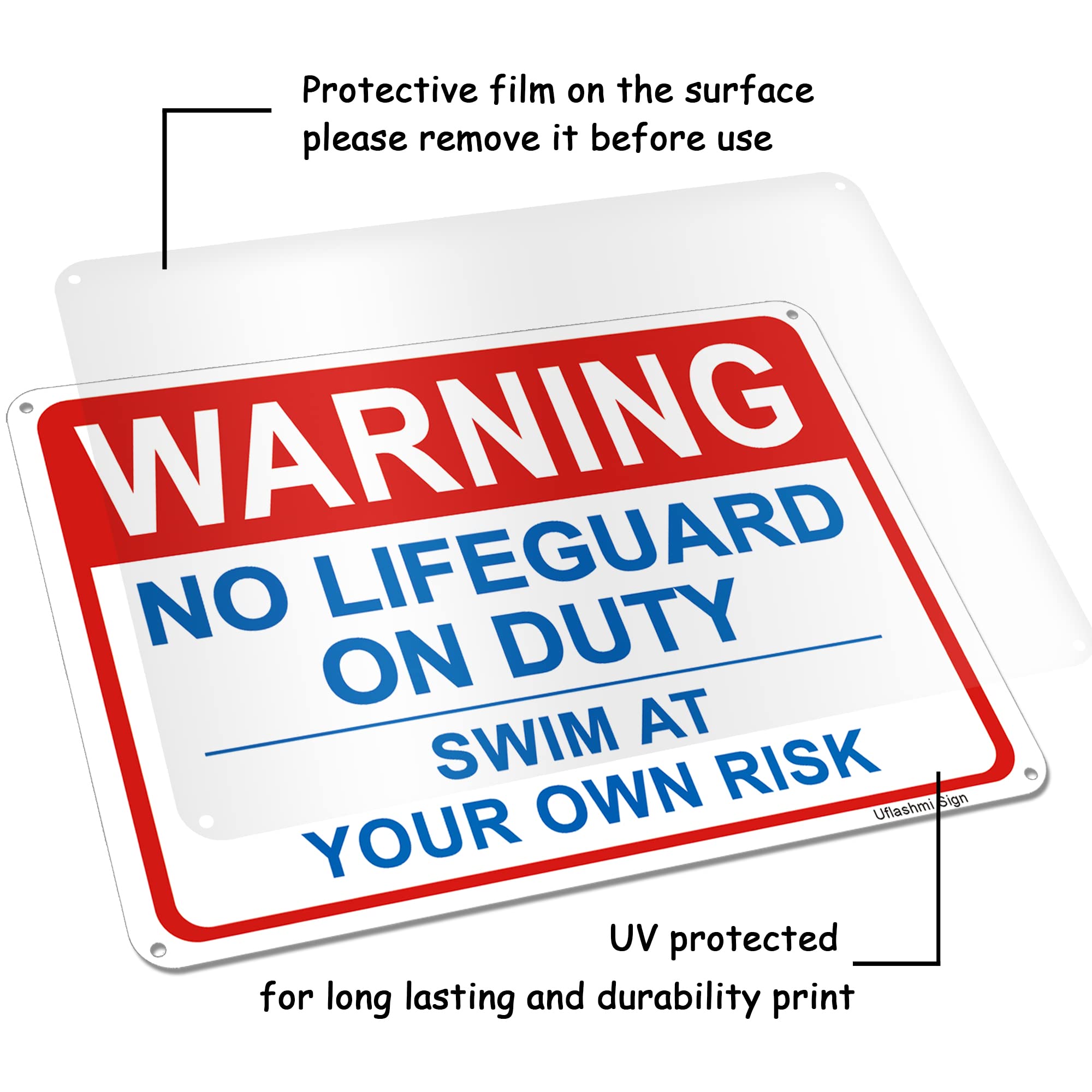 Uflashmi 10x14 Inch Metal 'No Lifeguard On Duty - Swim at Your Own Risk' Warning Sign for Outdoor Pools - Durable Safety Signage for Backyard, Public & Community Pools